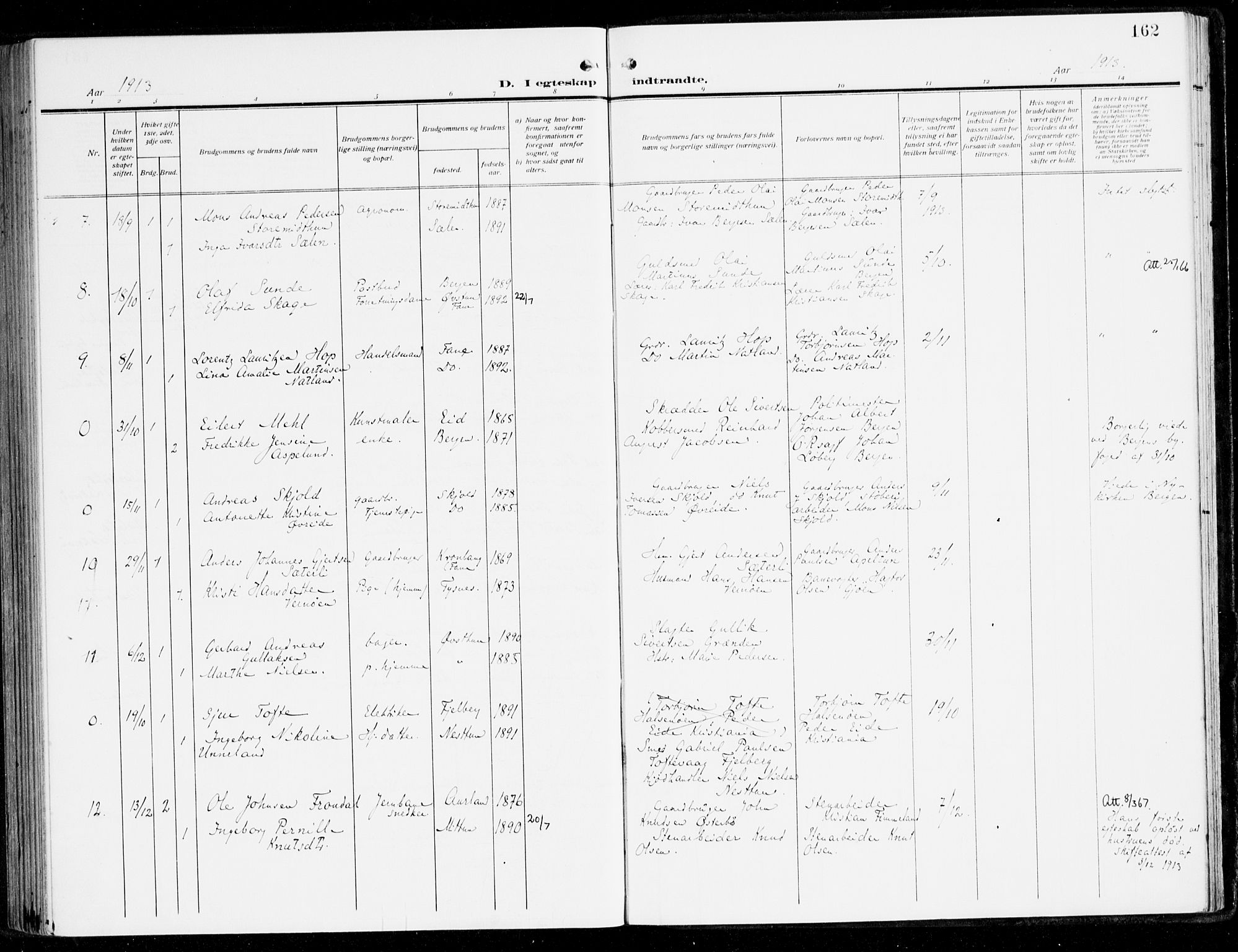 Fana Sokneprestembete, AV/SAB-A-75101/H/Haa/Haai/L0004: Parish register (official) no. I 4, 1912-1933, p. 162