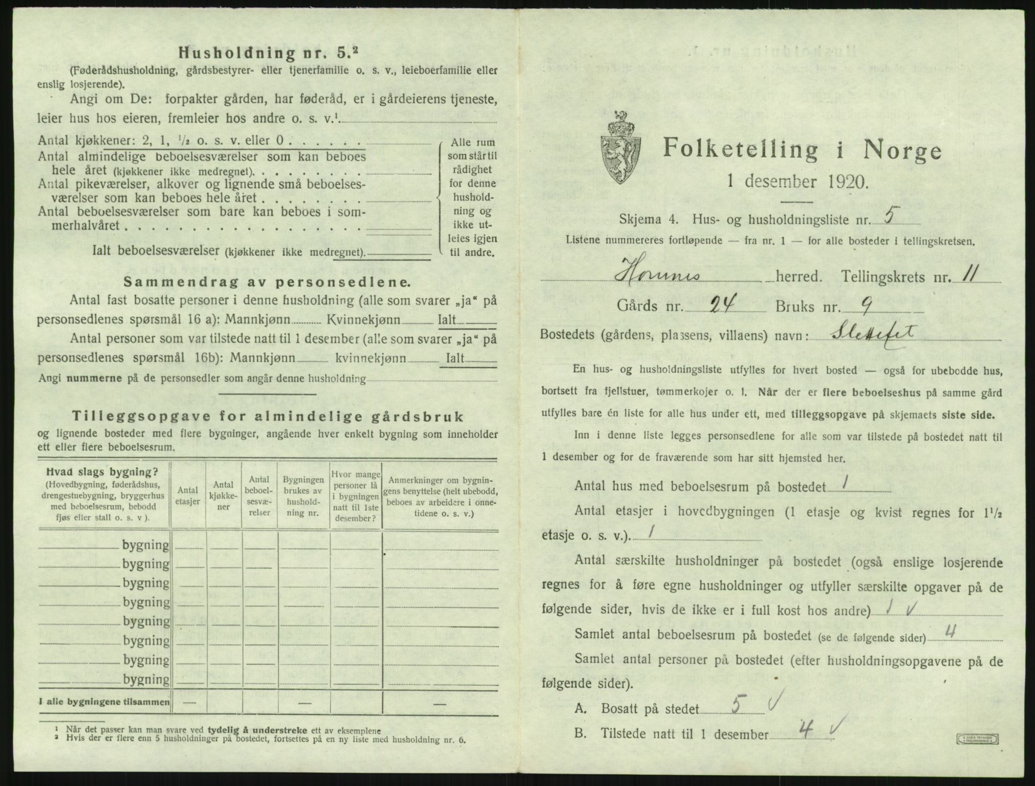 SAK, 1920 census for Hornnes, 1920, p. 439