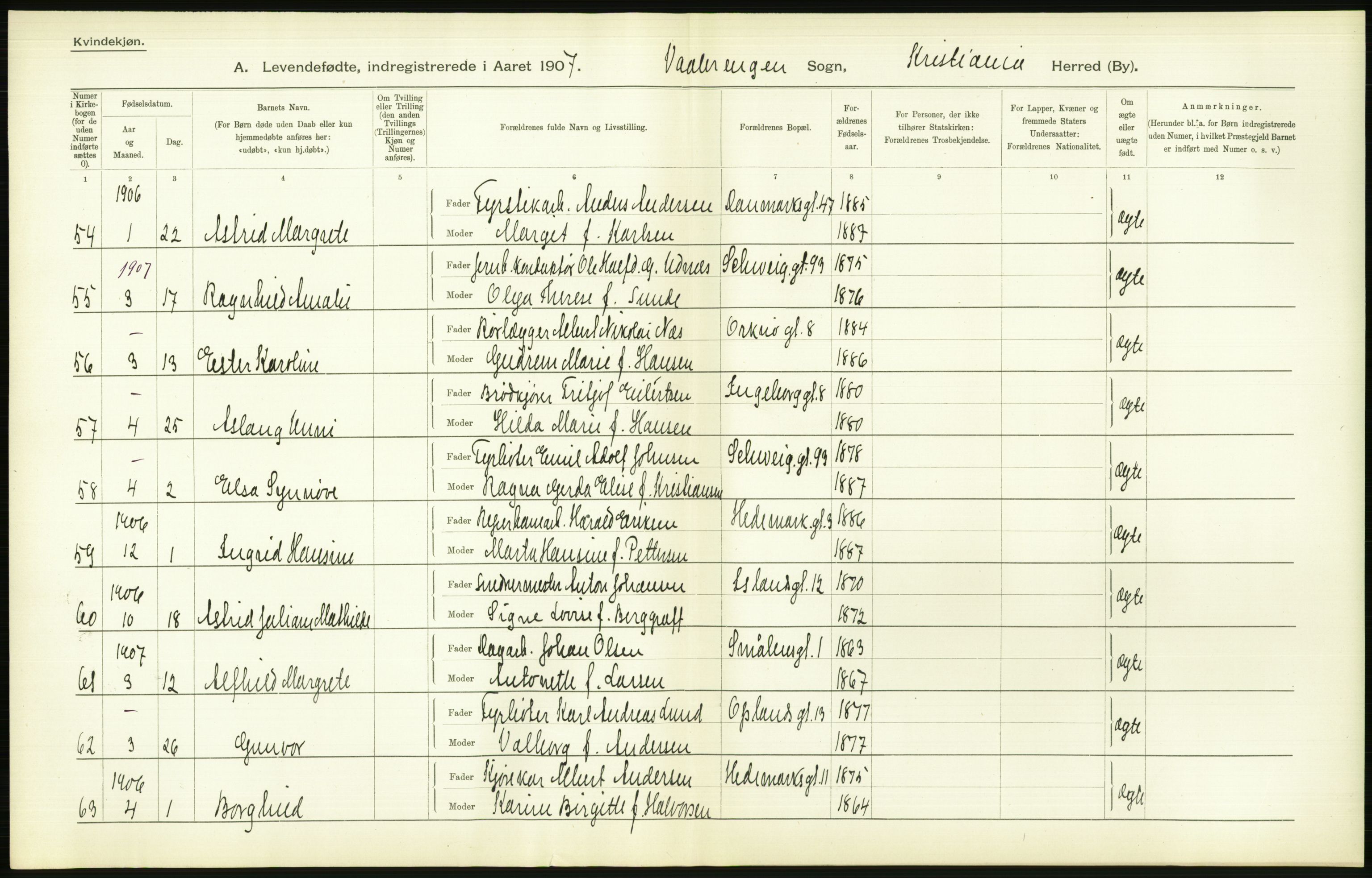 Statistisk sentralbyrå, Sosiodemografiske emner, Befolkning, AV/RA-S-2228/D/Df/Dfa/Dfae/L0007: Kristiania: Levendefødte menn og kvinner., 1907, p. 566