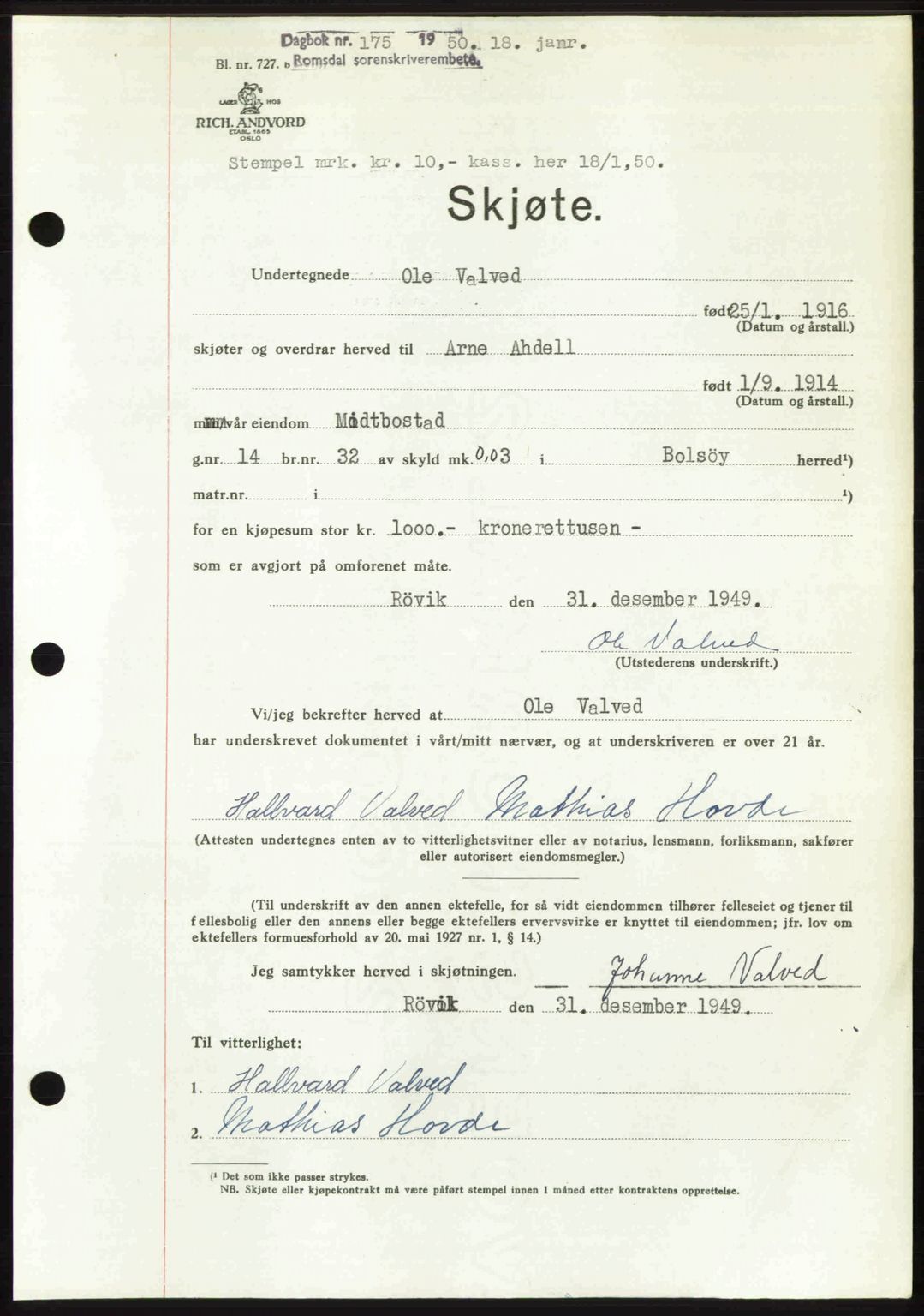 Romsdal sorenskriveri, AV/SAT-A-4149/1/2/2C: Mortgage book no. A32, 1950-1950, Diary no: : 175/1950