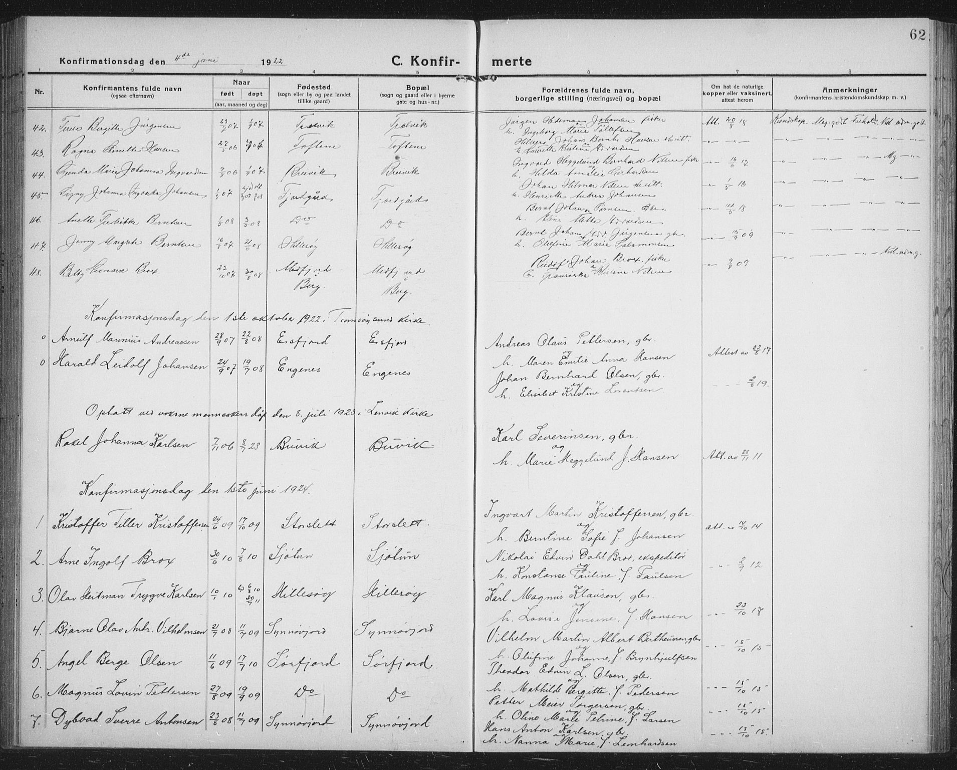 Lenvik sokneprestembete, SATØ/S-1310/H/Ha/Hab/L0023klokker: Parish register (copy) no. 23, 1918-1936, p. 62