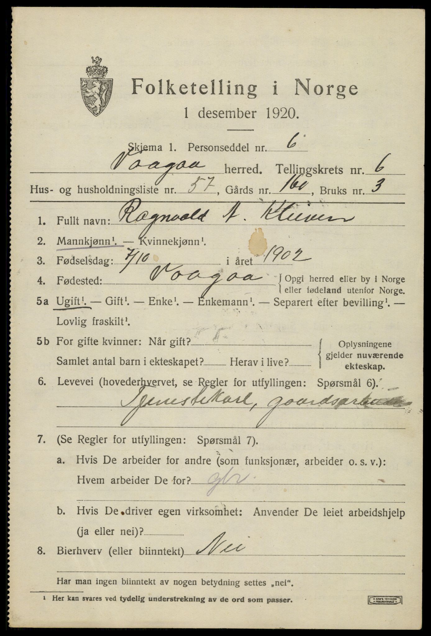 SAH, 1920 census for Vågå, 1920, p. 5284