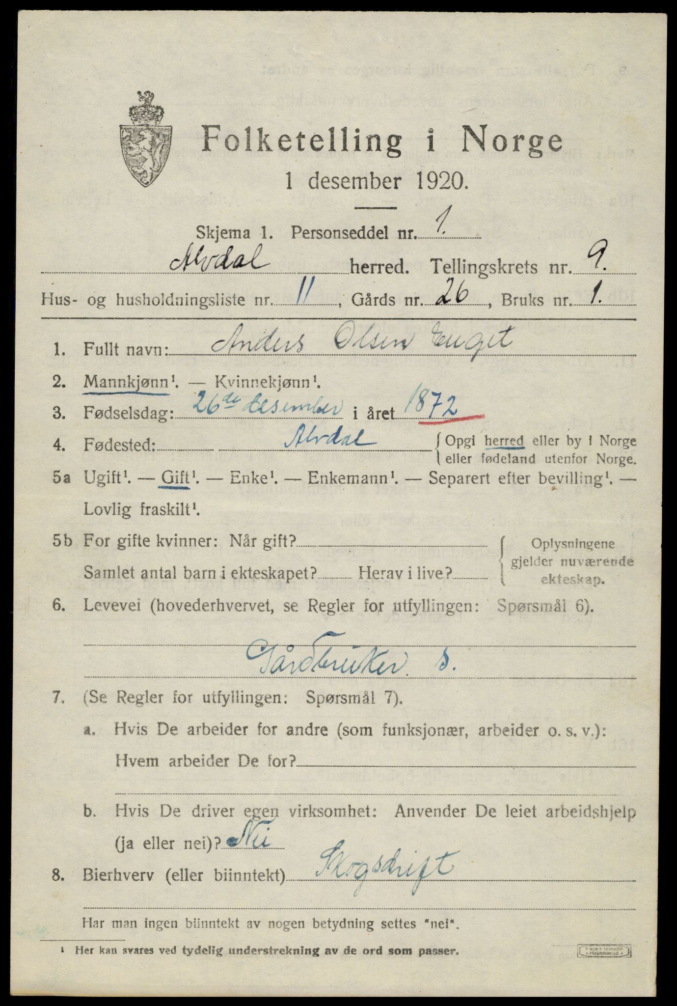 SAH, 1920 census for Alvdal, 1920, p. 5050