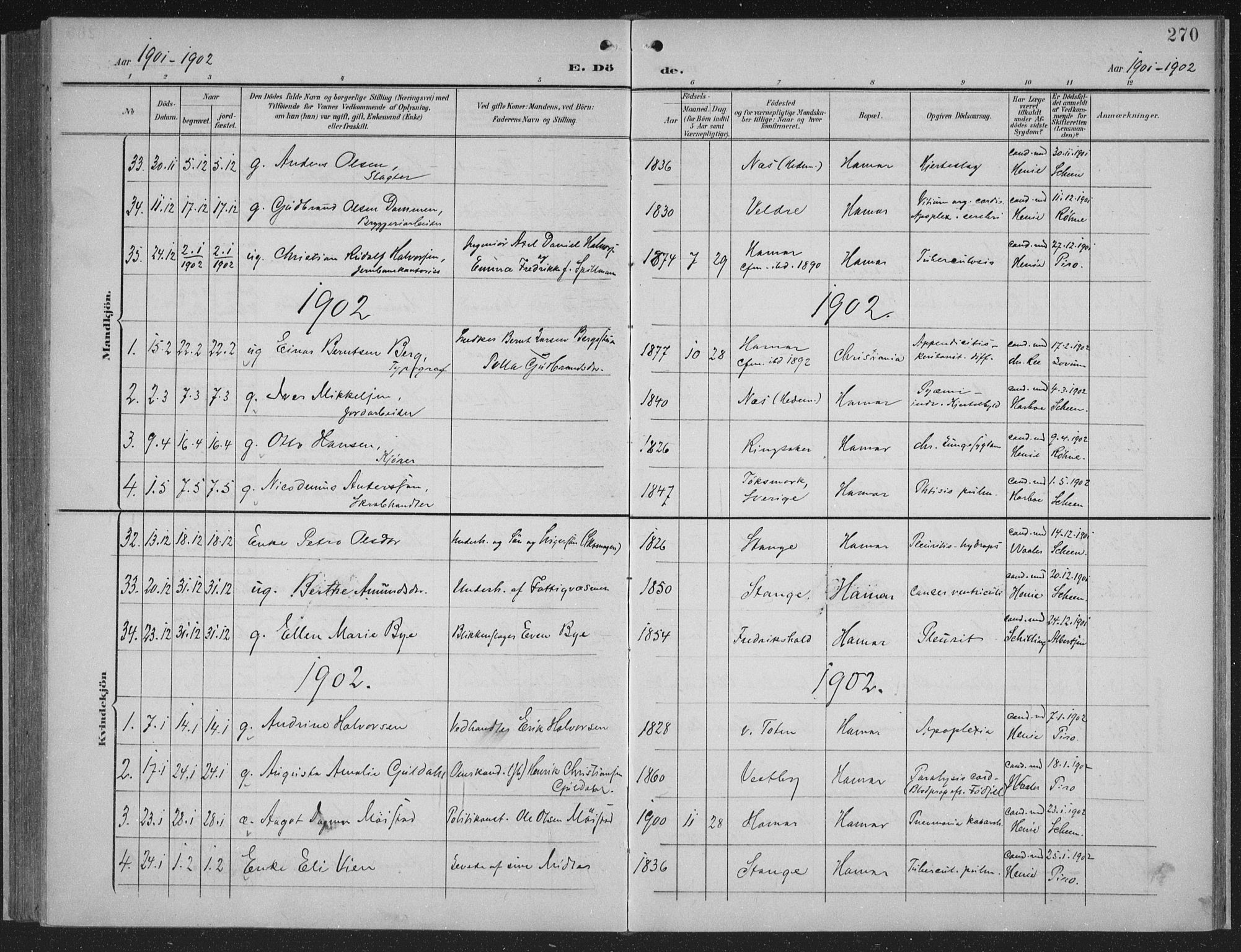 Hamar prestekontor, AV/SAH-DOMPH-002/H/Ha/Haa/L0001: Parish register (official) no. 1, 1900-1914, p. 270