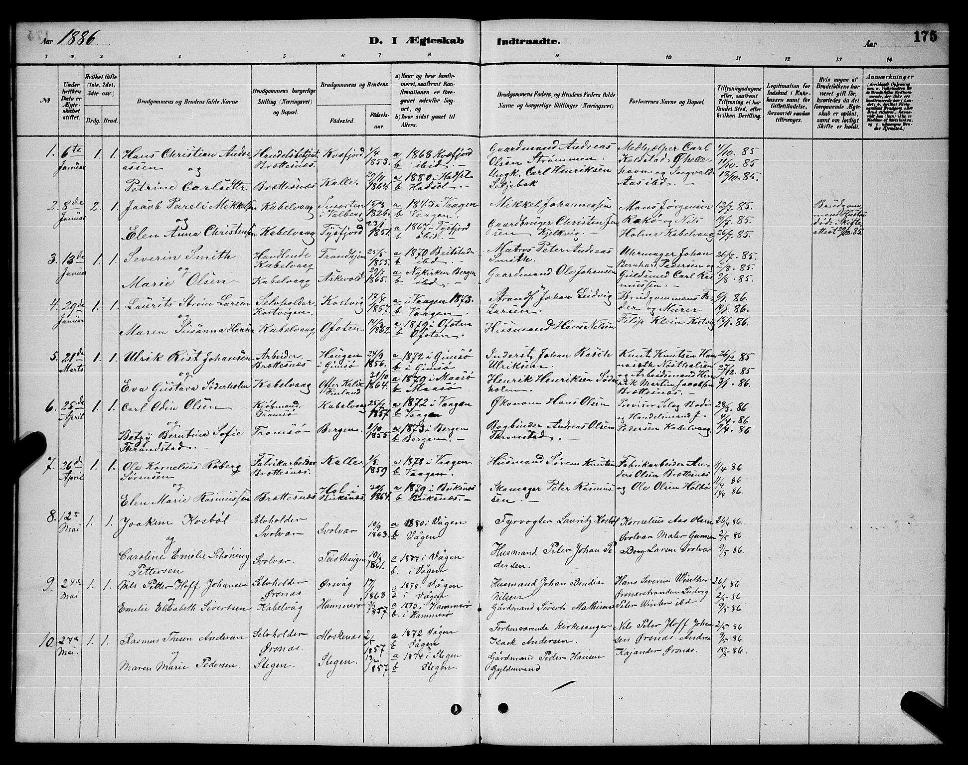 Ministerialprotokoller, klokkerbøker og fødselsregistre - Nordland, AV/SAT-A-1459/874/L1076: Parish register (copy) no. 874C05, 1884-1890, p. 175