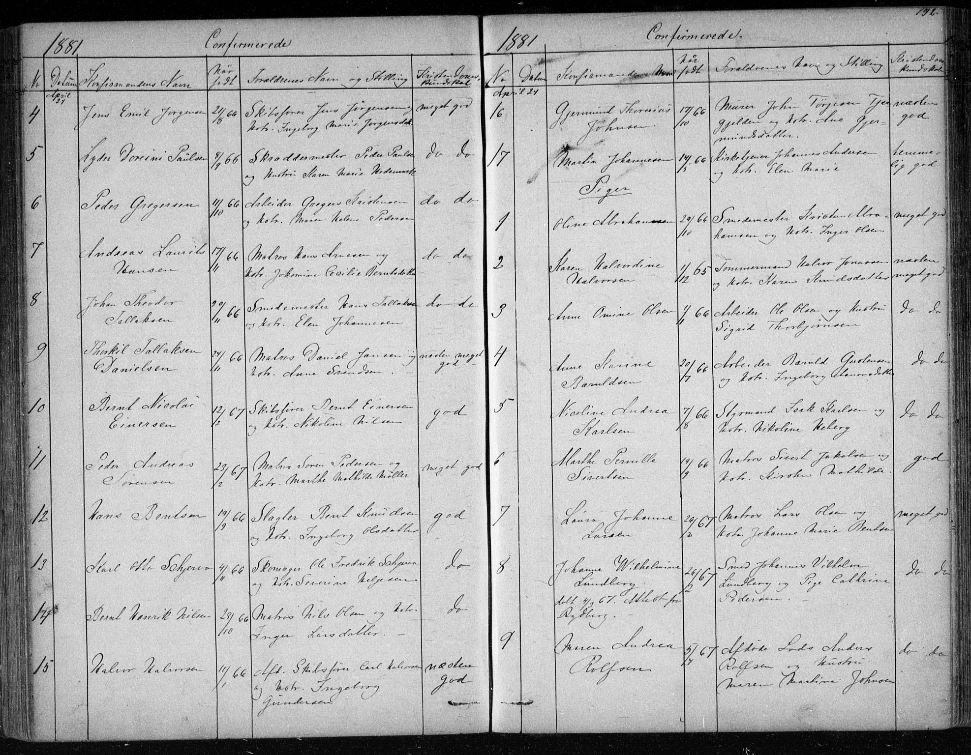 Risør sokneprestkontor, AV/SAK-1111-0035/F/Fb/L0006: Parish register (copy) no. B 6, 1850-1884, p. 192