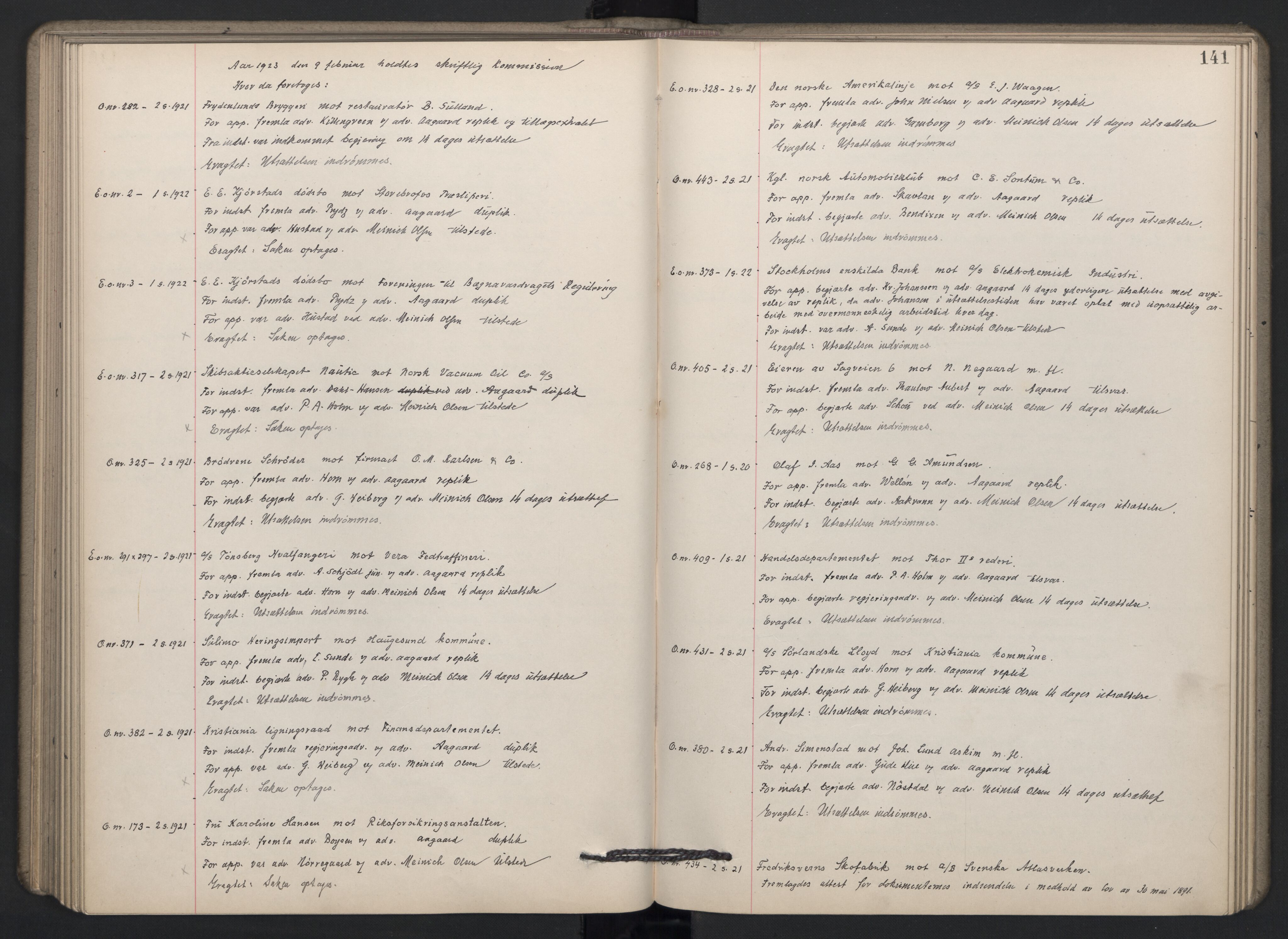 Høyesterett, AV/RA-S-1002/E/Ef/L0026: Protokoll over saker som gikk til skriftlig behandling, 1920-1923, p. 140b-141a