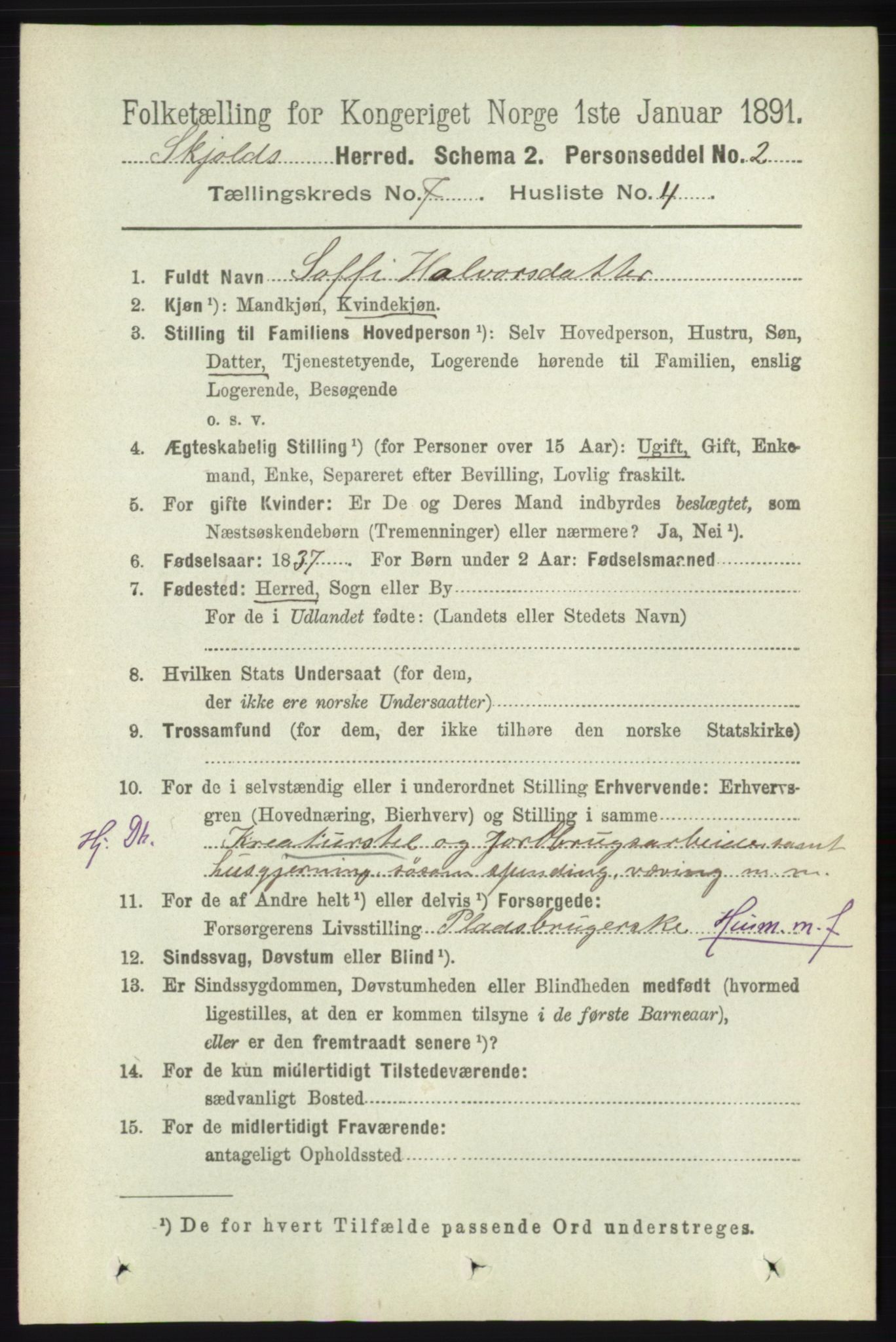 RA, 1891 census for 1154 Skjold, 1891, p. 1364