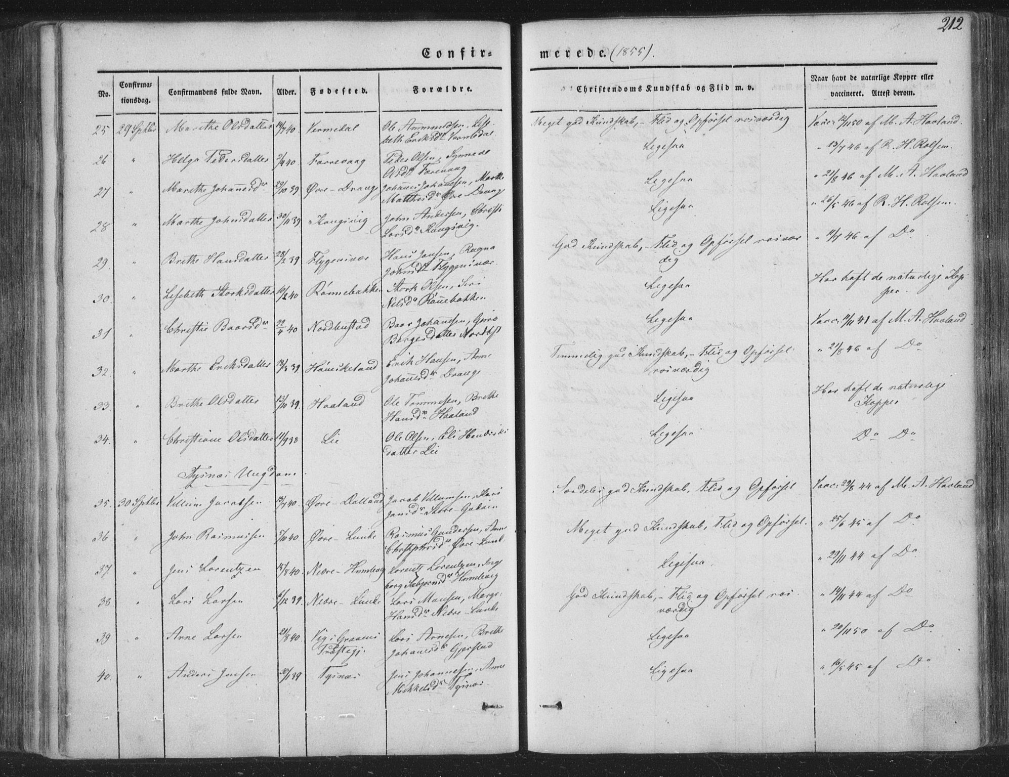 Tysnes sokneprestembete, AV/SAB-A-78601/H/Haa: Parish register (official) no. A 10, 1848-1859, p. 212