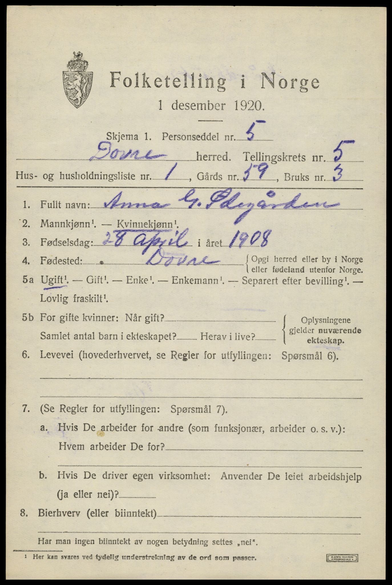 SAH, 1920 census for Dovre, 1920, p. 5188