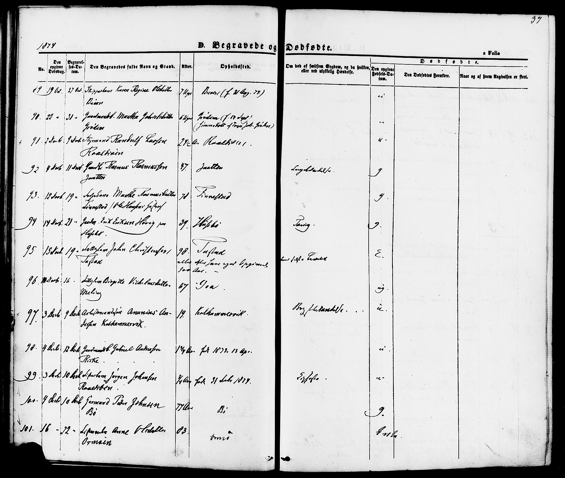 Hetland sokneprestkontor, AV/SAST-A-101826/30/30BA/L0006: Parish register (official) no. A 6, 1869-1884, p. 37