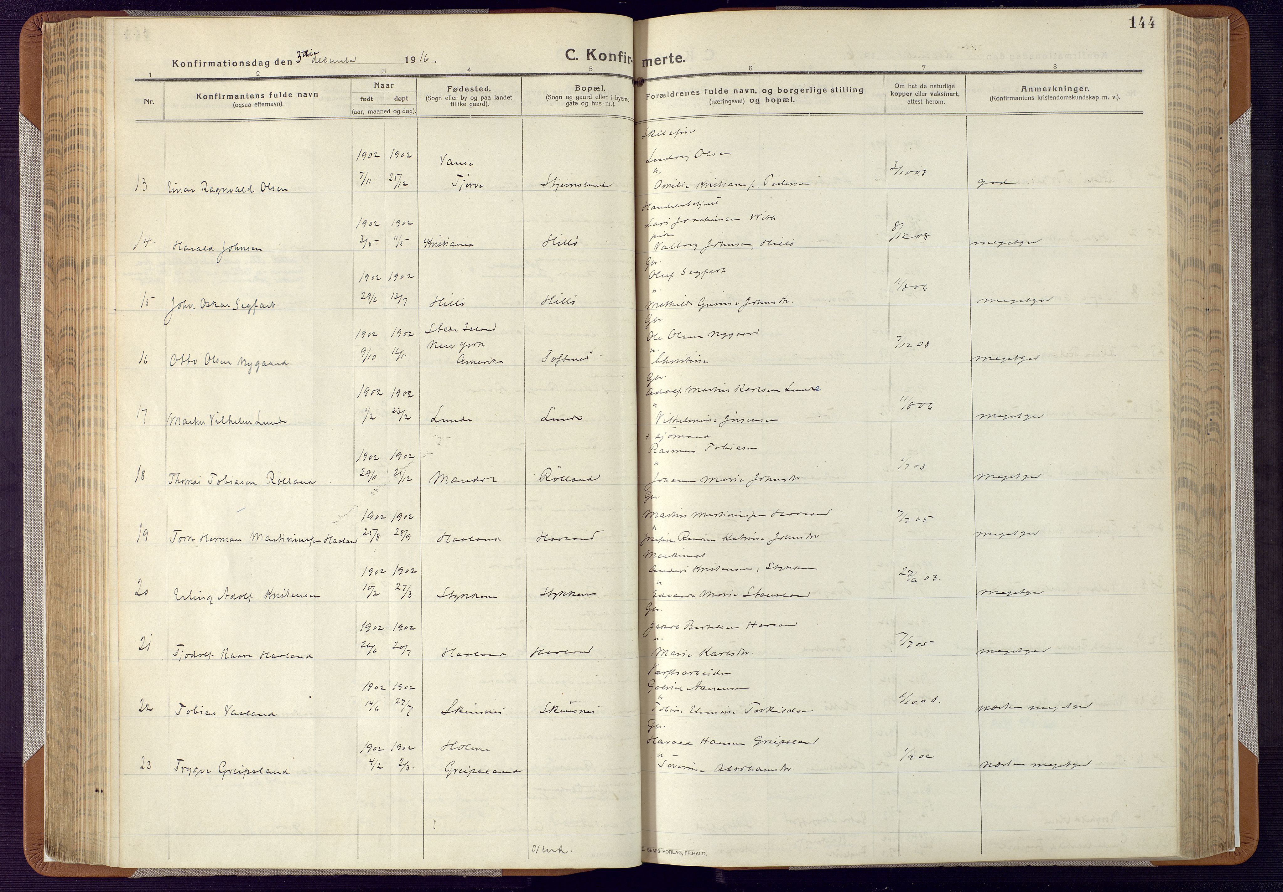 Mandal sokneprestkontor, AV/SAK-1111-0030/F/Fa/Faa/L0022: Parish register (official) no. A 22, 1913-1925, p. 144