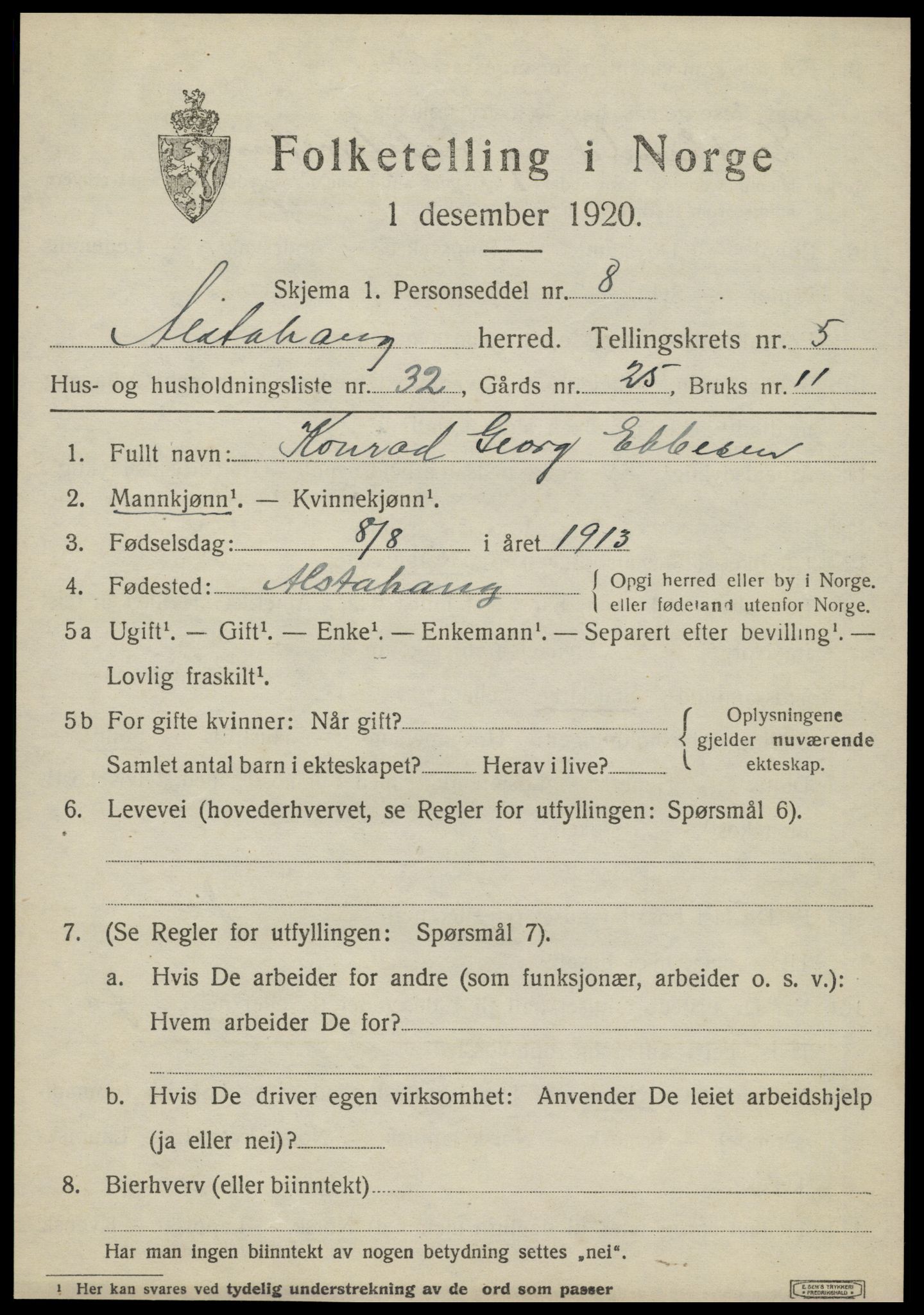 SAT, 1920 census for Alstahaug, 1920, p. 3251