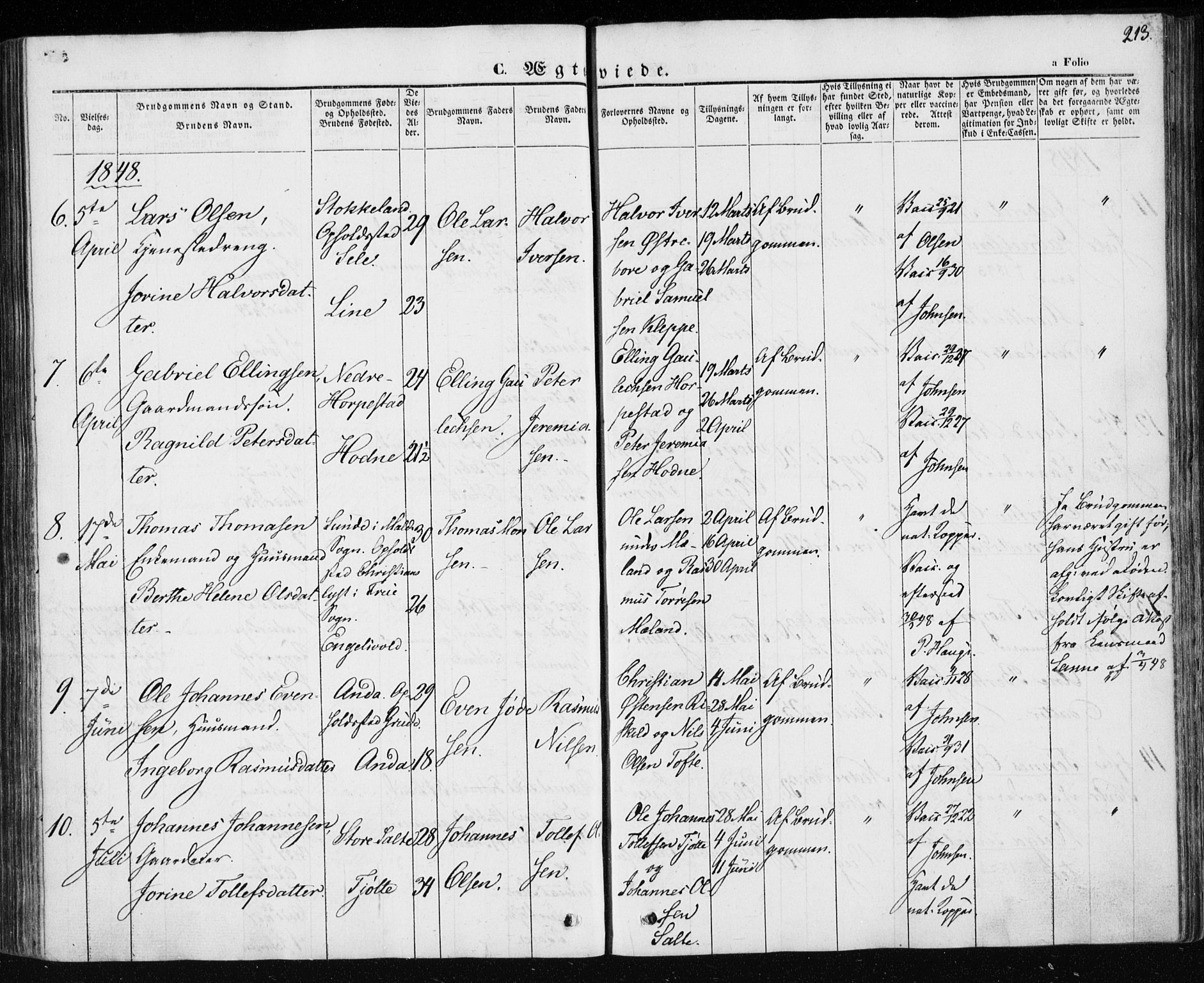 Klepp sokneprestkontor, SAST/A-101803/001/3/30BA/L0004: Parish register (official) no. A 4, 1842-1852, p. 213