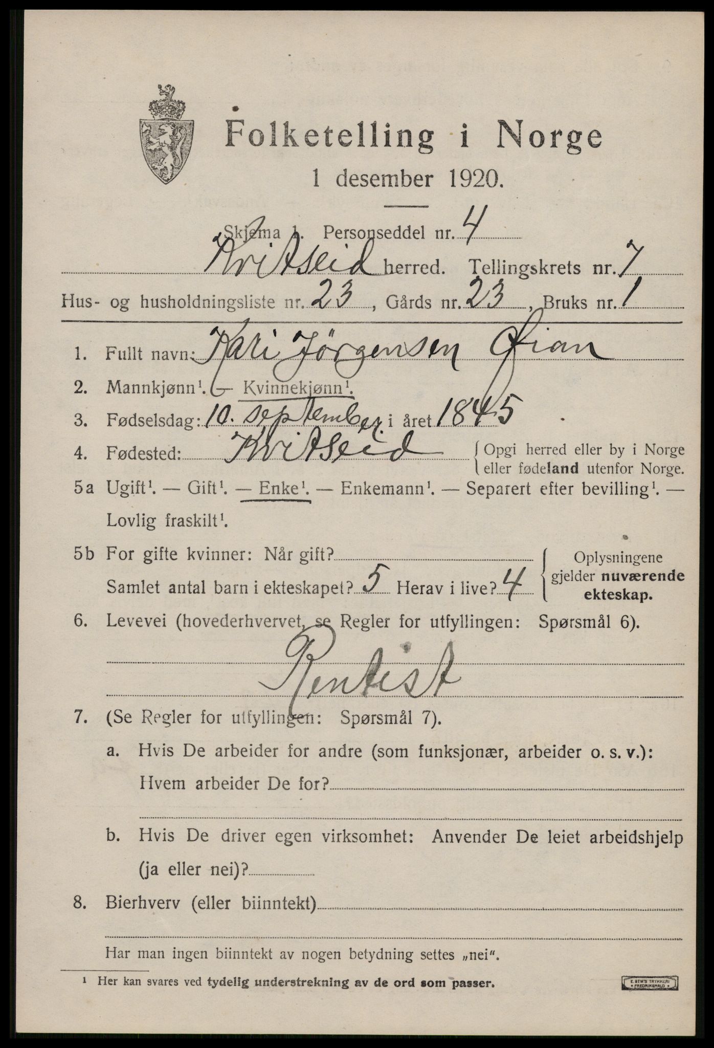 SAKO, 1920 census for Kviteseid, 1920, p. 3727