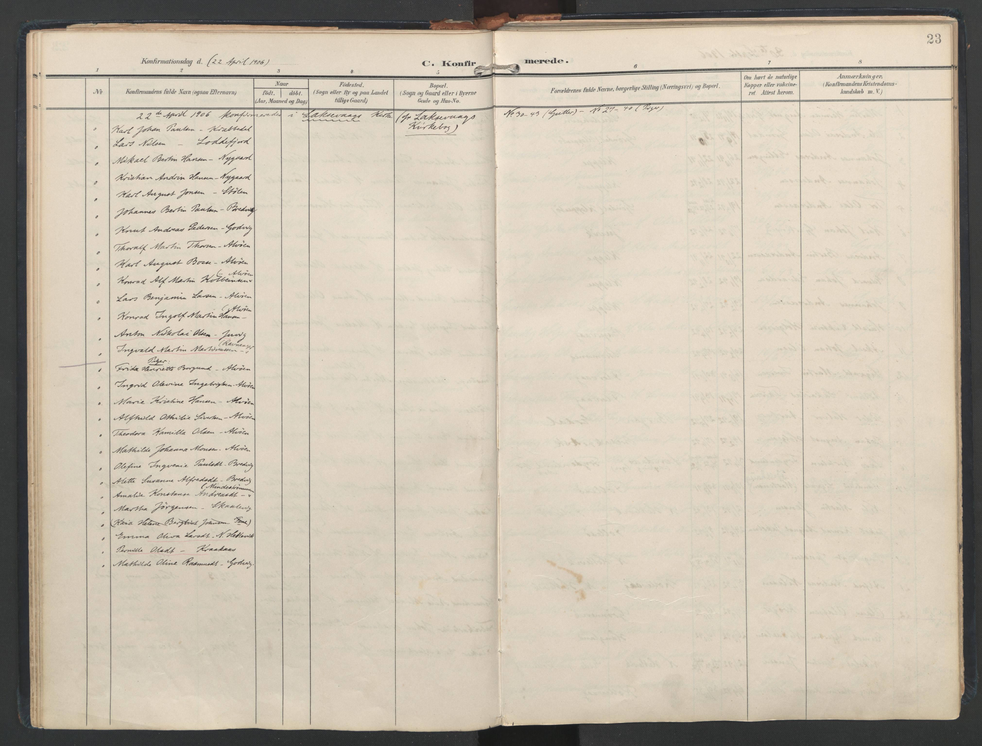 Askøy Sokneprestembete, AV/SAB-A-74101/H/Ha/Haa/Haad/L0001: Parish register (official) no. D 1, 1902-1916, p. 23