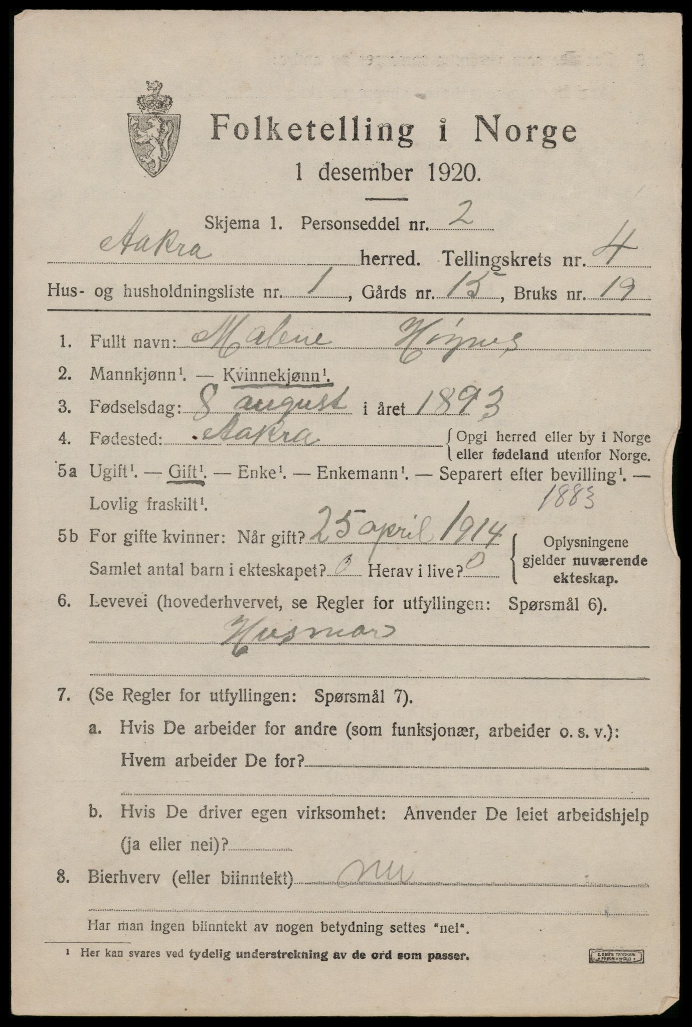 SAST, 1920 census for Åkra, 1920, p. 5884