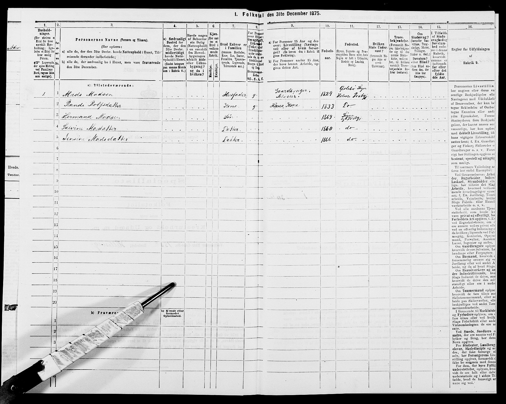 SAK, 1875 census for 1018P Søgne, 1875, p. 842