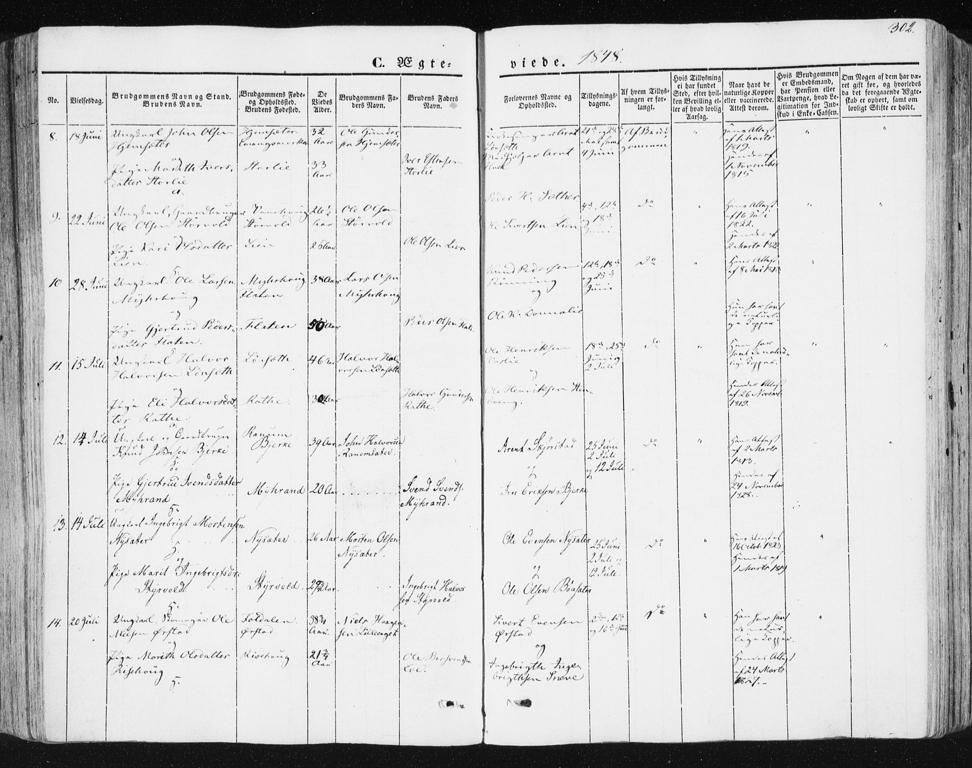 Ministerialprotokoller, klokkerbøker og fødselsregistre - Sør-Trøndelag, AV/SAT-A-1456/678/L0899: Parish register (official) no. 678A08, 1848-1872, p. 302