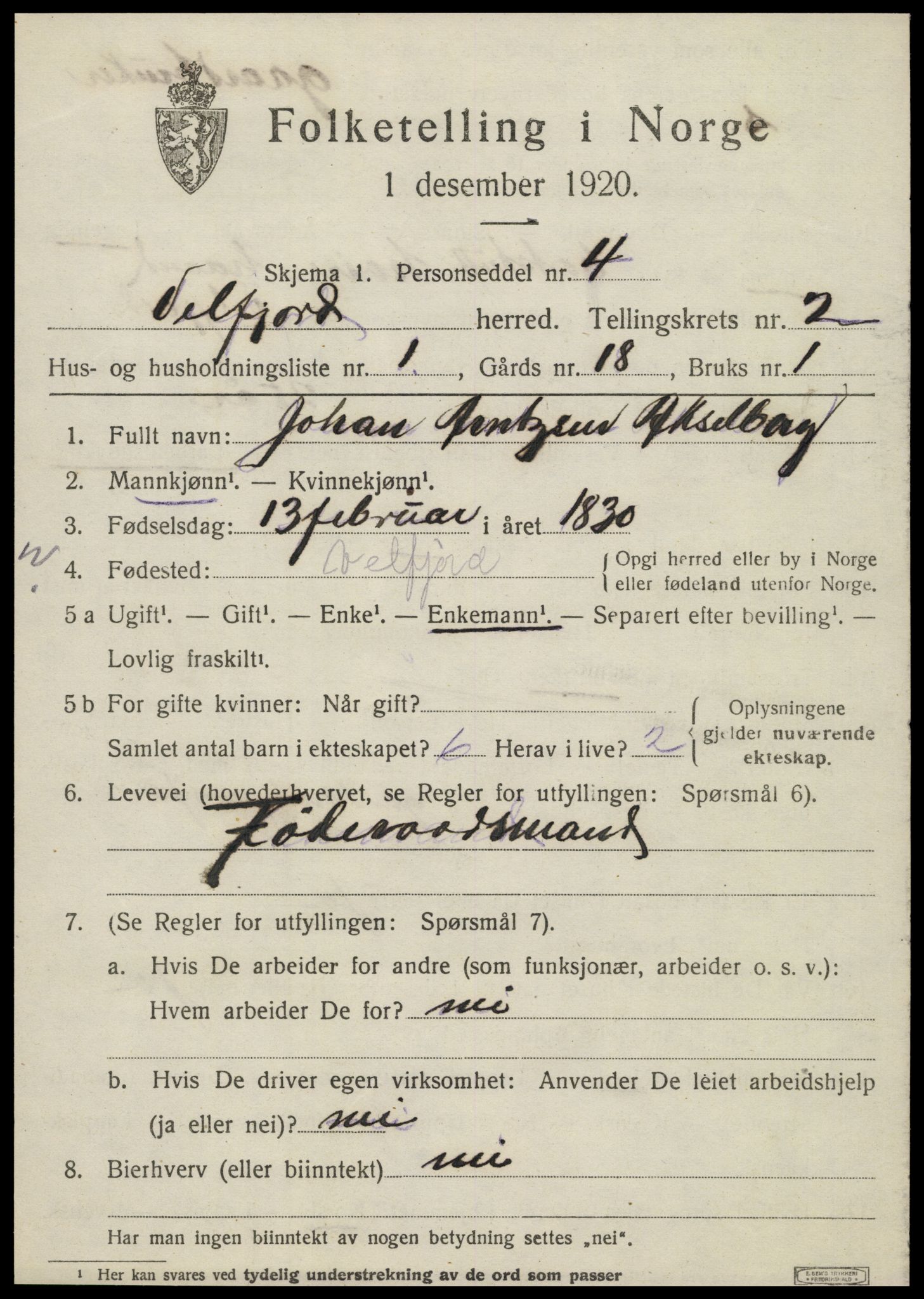 SAT, 1920 census for Velfjord, 1920, p. 1215