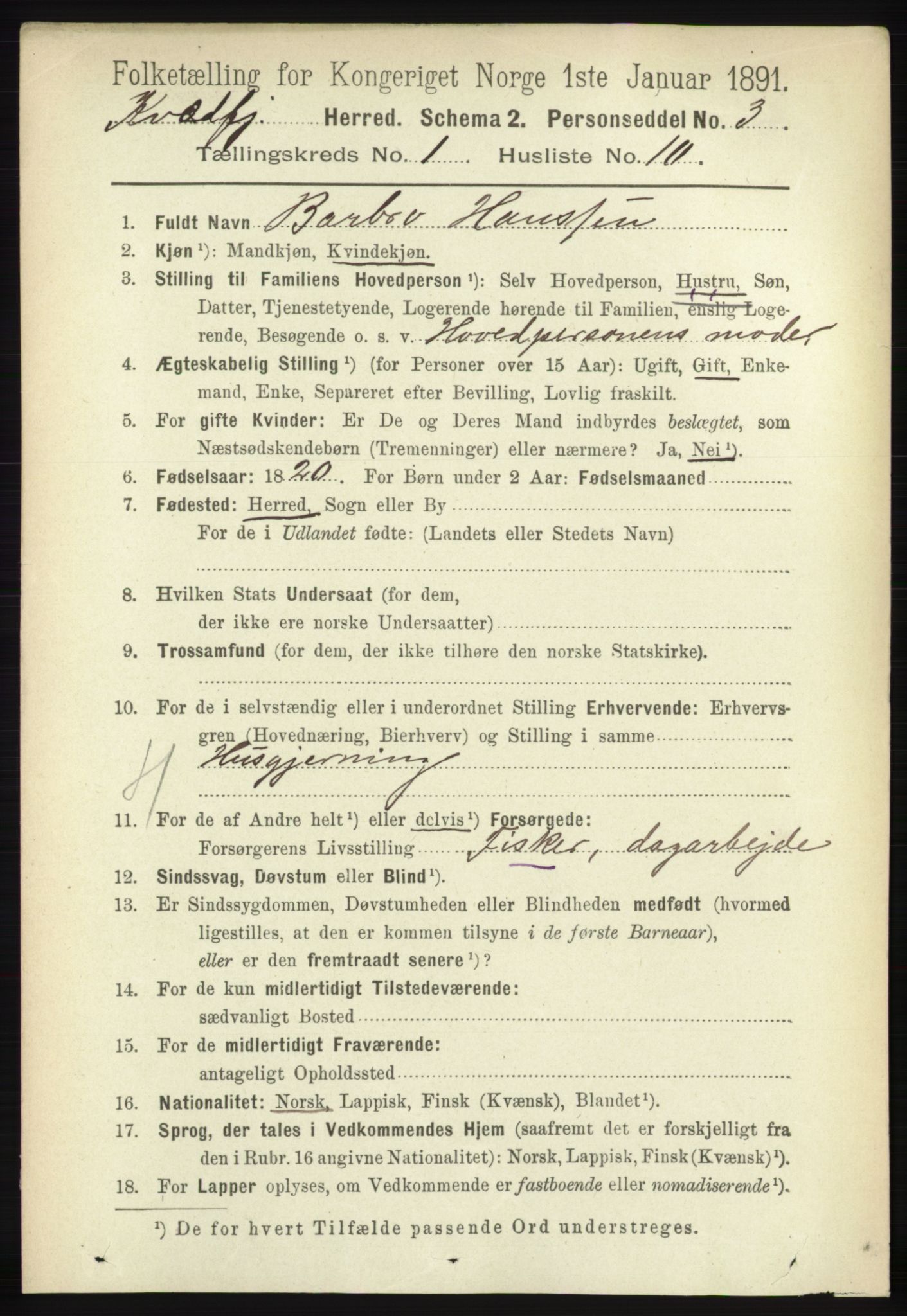 RA, 1891 census for 1911 Kvæfjord, 1891, p. 161