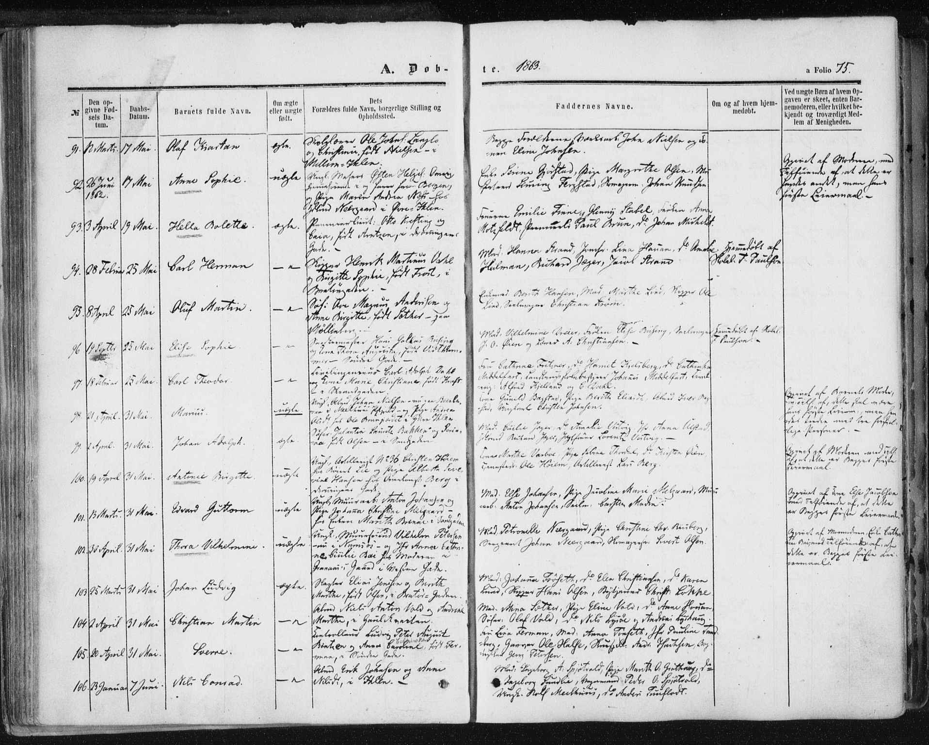 Ministerialprotokoller, klokkerbøker og fødselsregistre - Sør-Trøndelag, SAT/A-1456/602/L0115: Parish register (official) no. 602A13, 1860-1872, p. 75