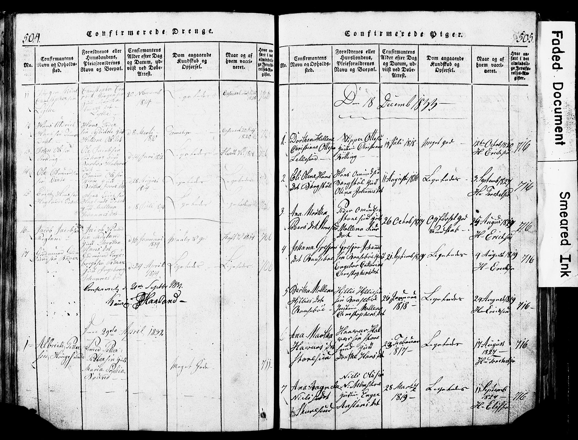 Torvastad sokneprestkontor, SAST/A -101857/H/Ha/Hab/L0002: Parish register (copy) no. B 2, 1817-1834, p. 504-505