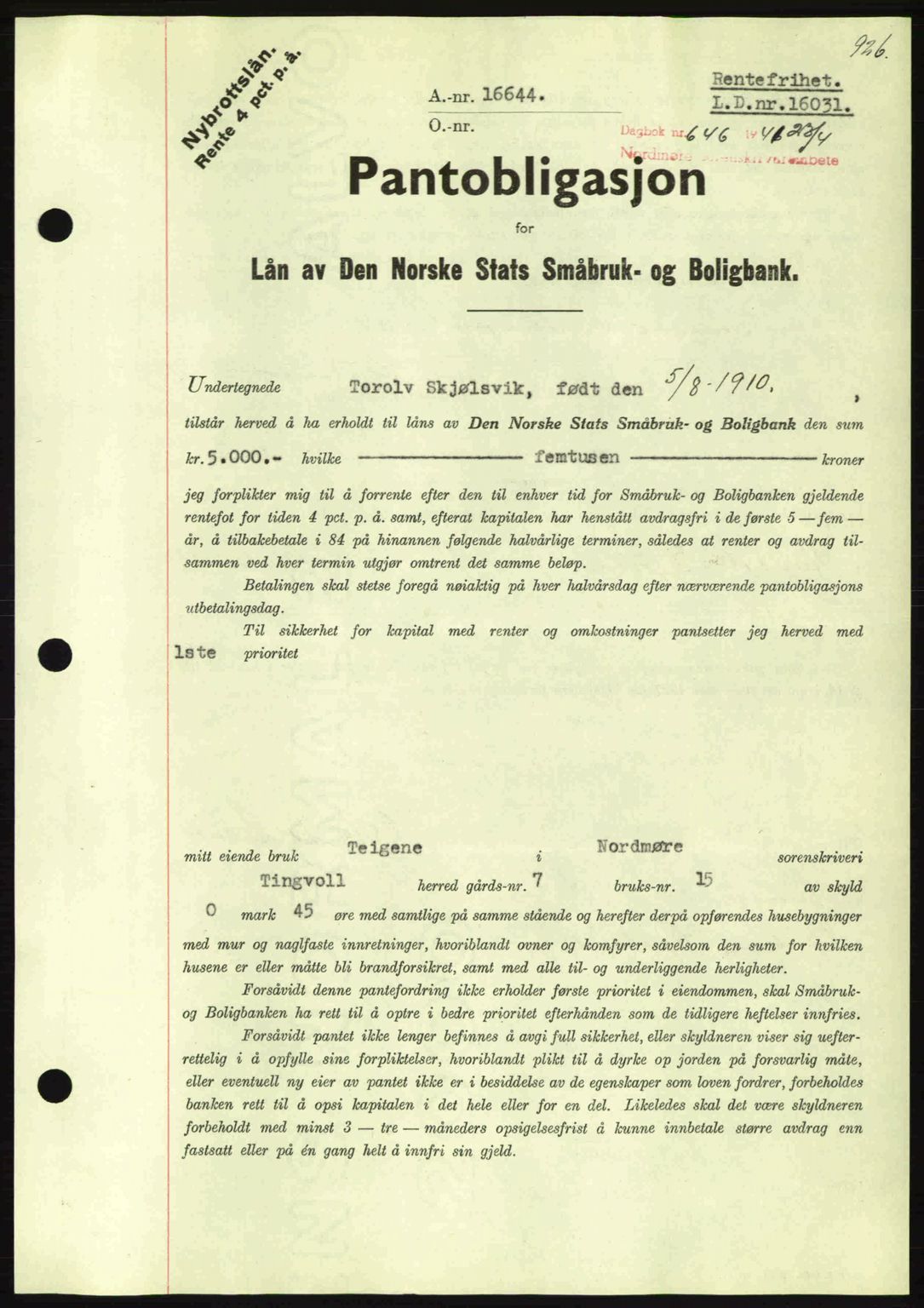 Nordmøre sorenskriveri, AV/SAT-A-4132/1/2/2Ca: Mortgage book no. B87, 1940-1941, Diary no: : 646/1941