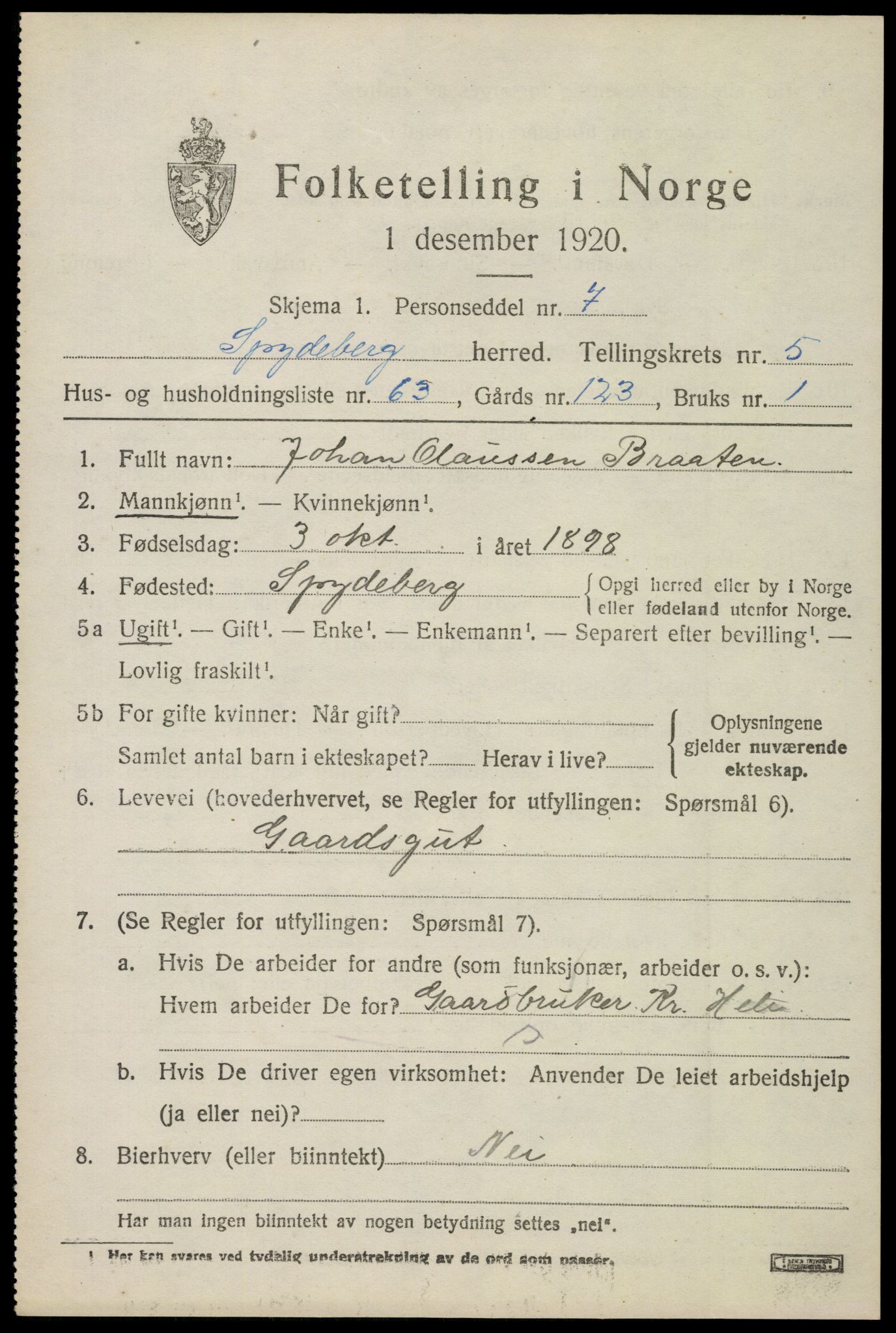 SAO, 1920 census for Spydeberg, 1920, p. 6917