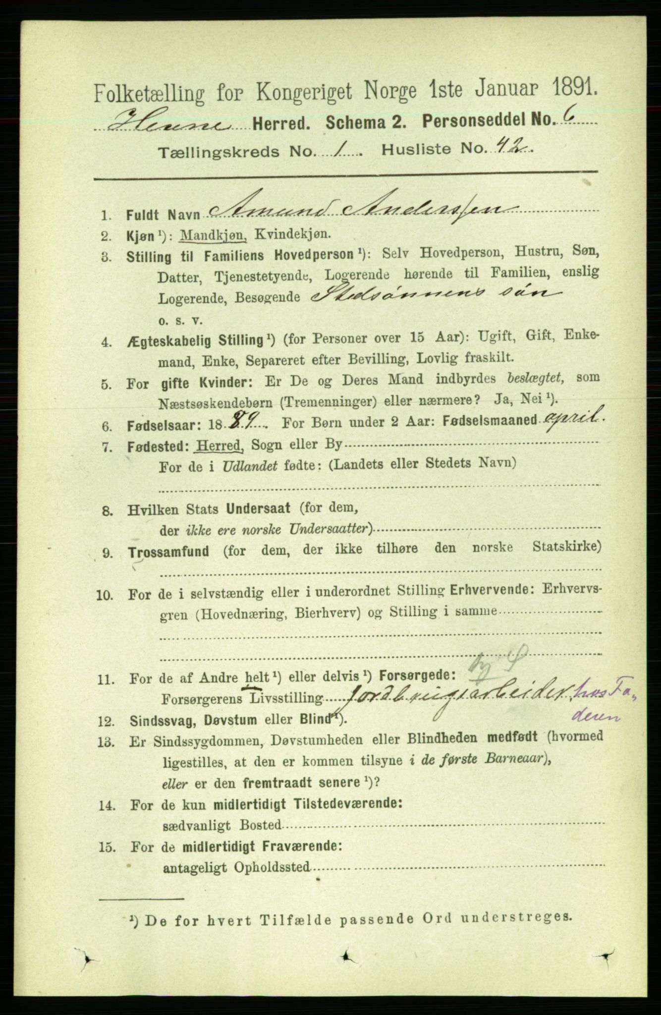 RA, 1891 census for 1612 Hemne, 1891, p. 391