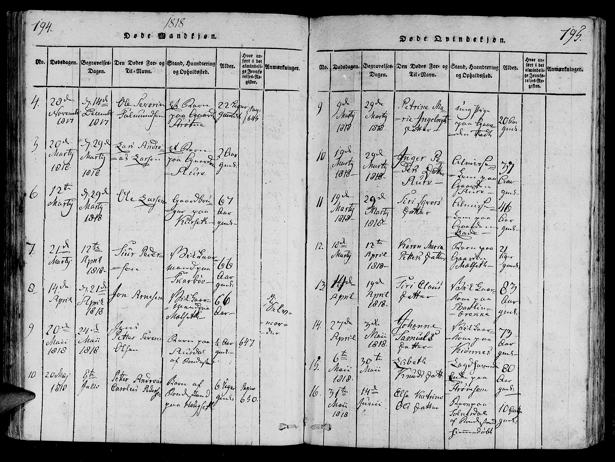 Ministerialprotokoller, klokkerbøker og fødselsregistre - Møre og Romsdal, SAT/A-1454/522/L0310: Parish register (official) no. 522A05, 1816-1832, p. 194-195