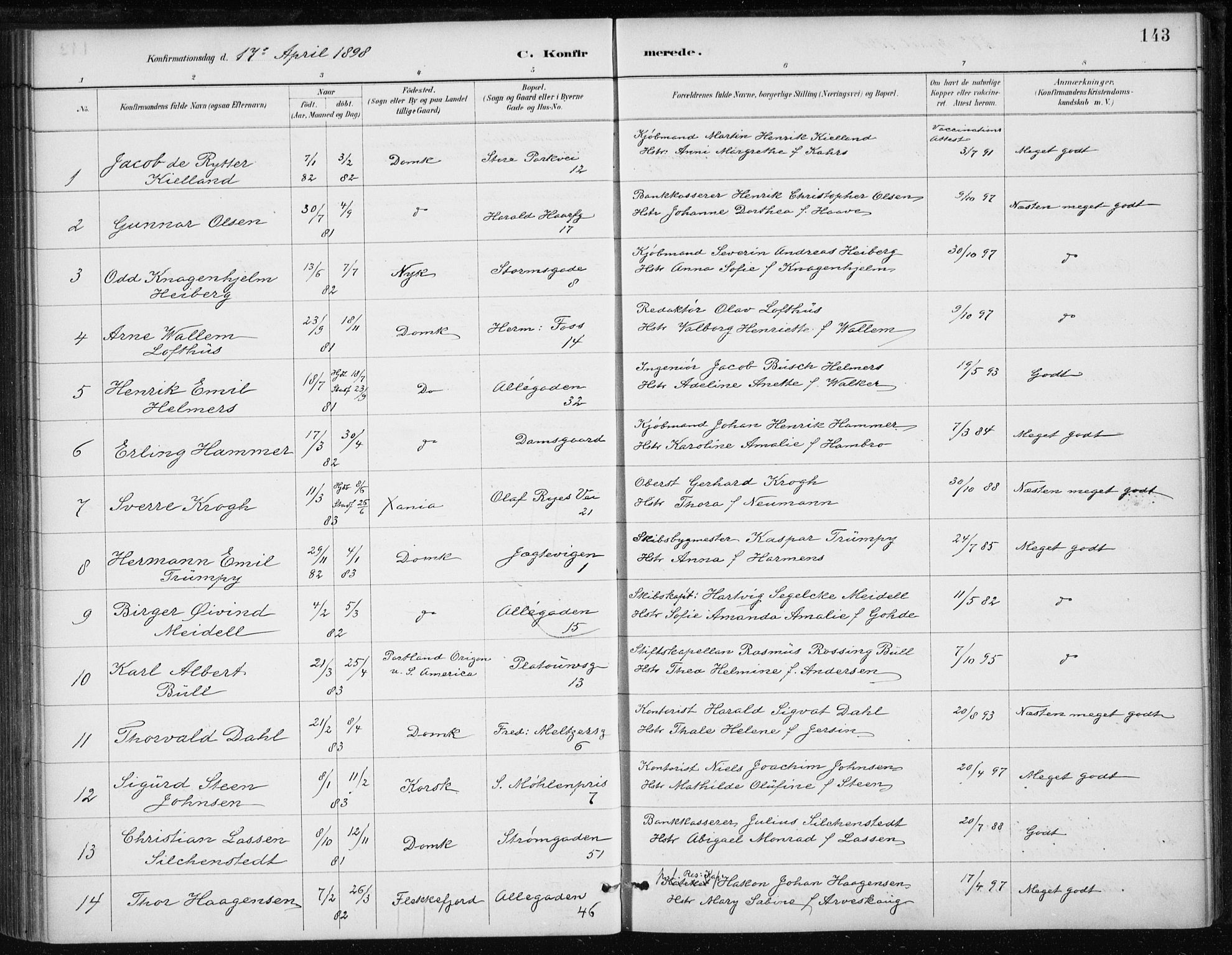 Johanneskirken sokneprestembete, SAB/A-76001/H/Haa/L0008: Parish register (official) no. C 1, 1885-1907, p. 143