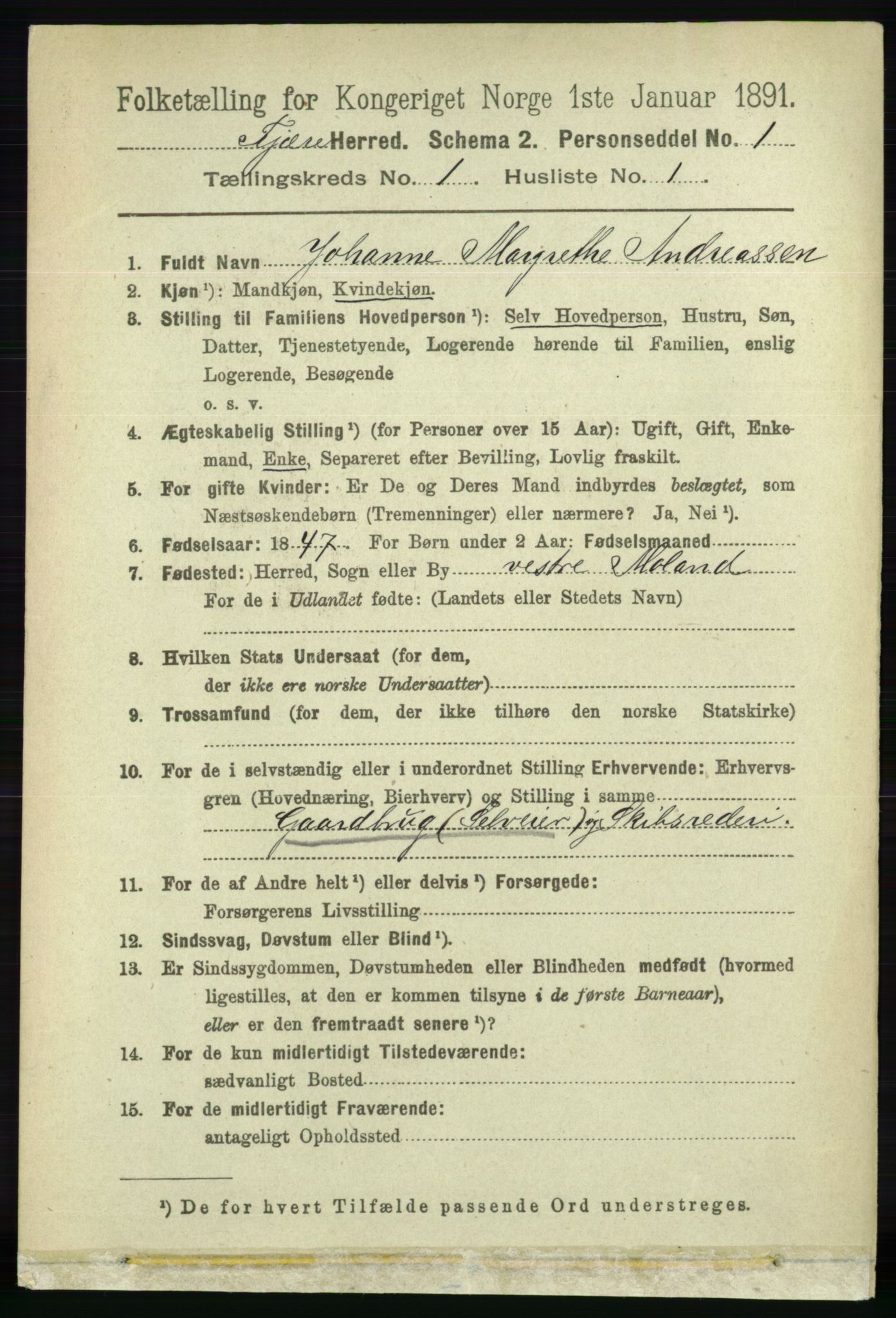 RA, 1891 census for 0923 Fjære, 1891, p. 121