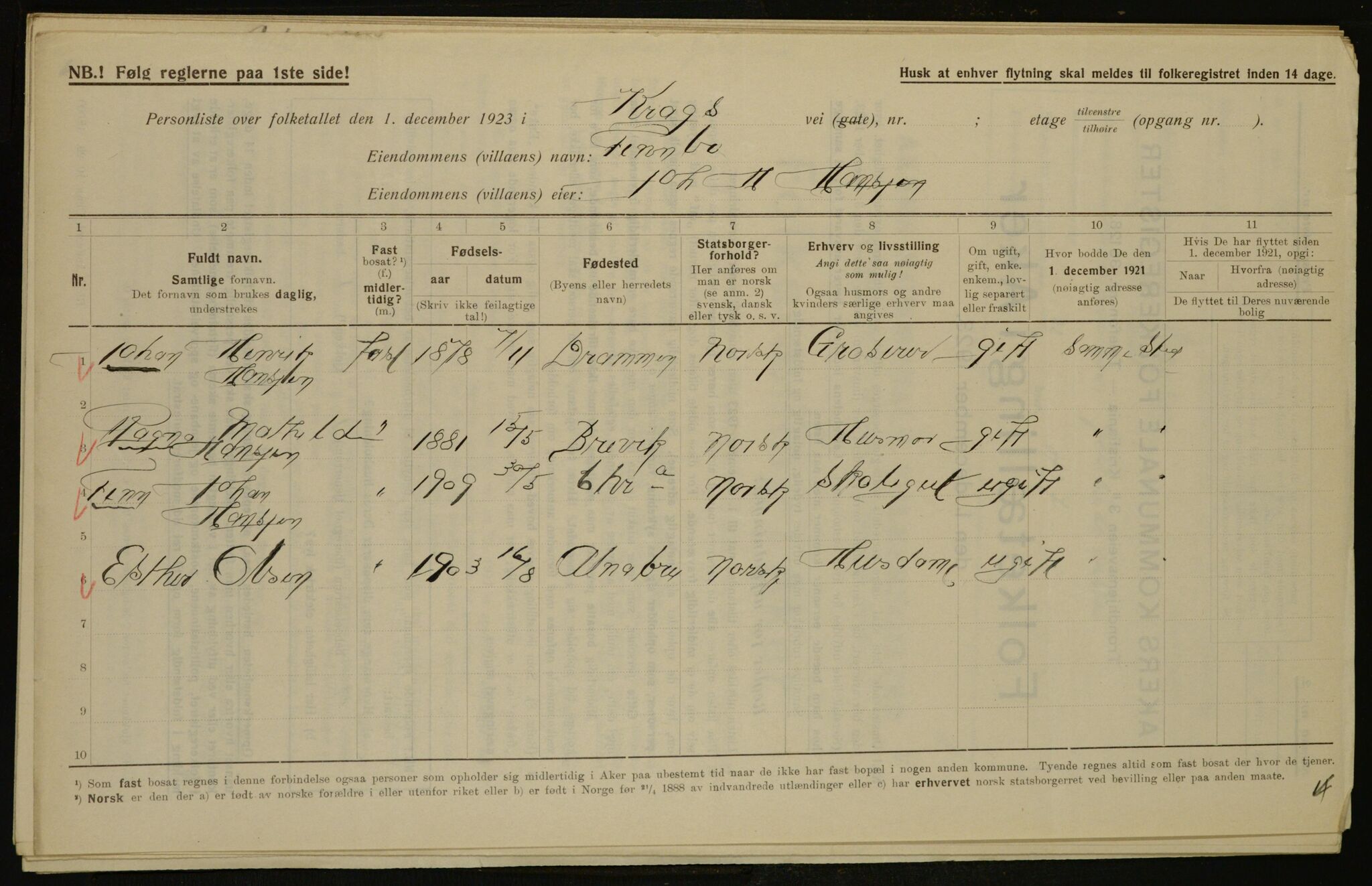 , Municipal Census 1923 for Aker, 1923, p. 14180