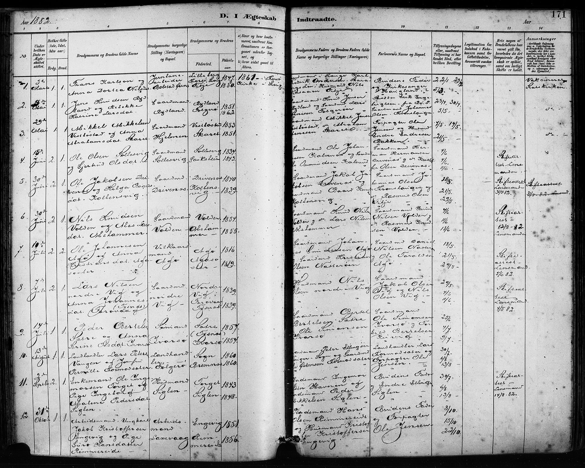Fitjar sokneprestembete, SAB/A-99926: Parish register (official) no. A 2, 1882-1899, p. 171