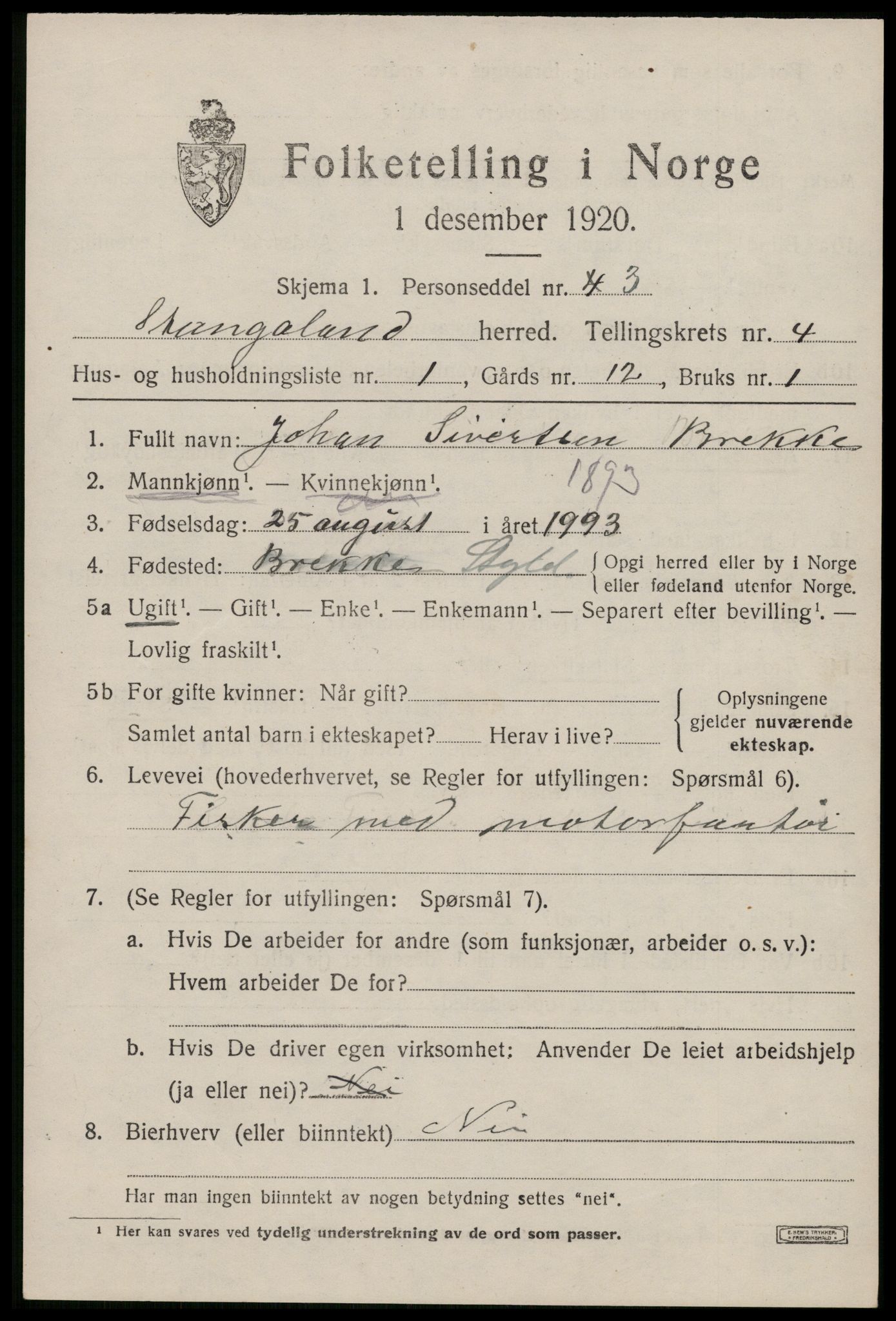 SAST, 1920 census for Stangaland, 1920, p. 2845