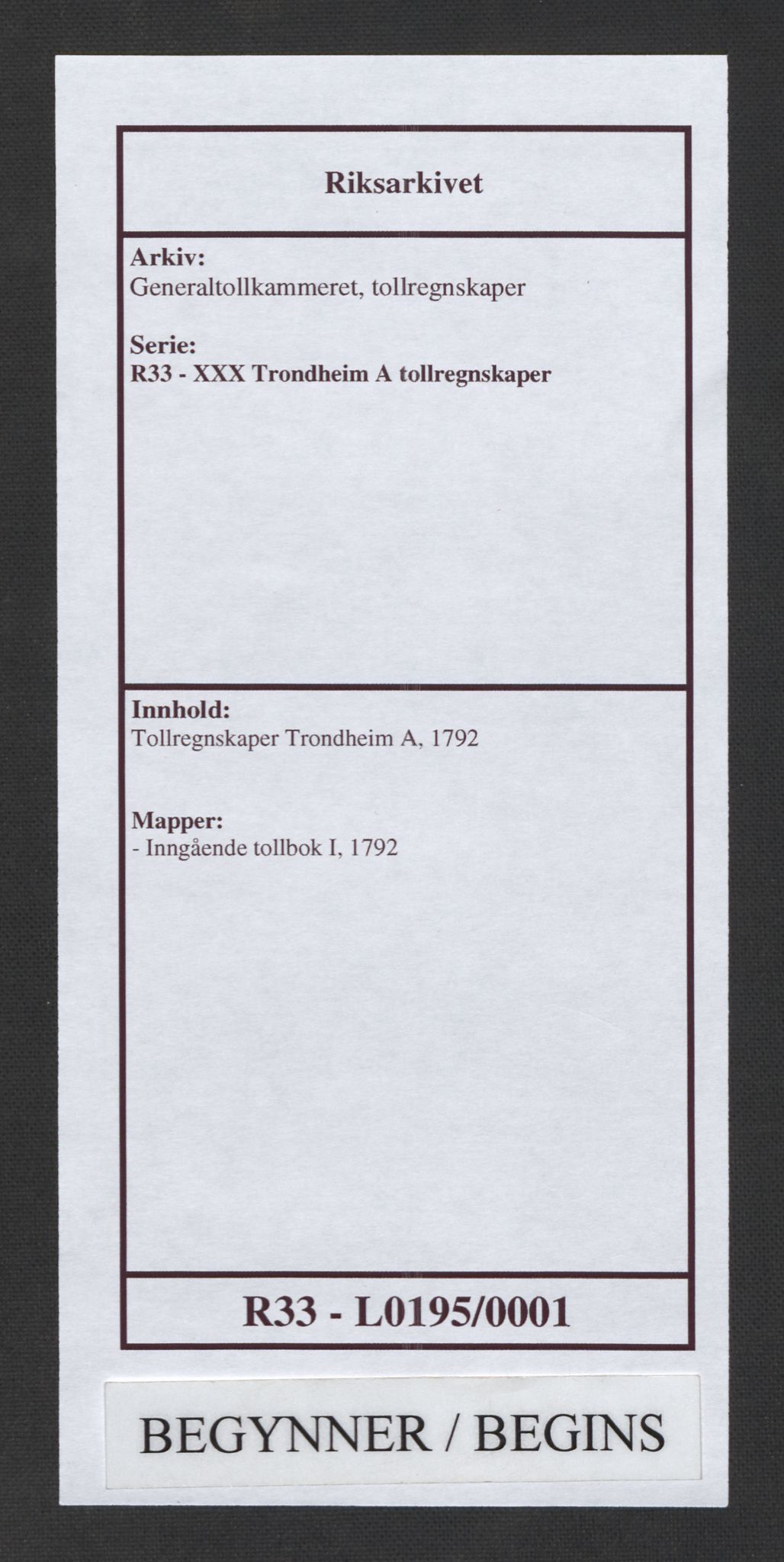 Generaltollkammeret, tollregnskaper, AV/RA-EA-5490/R33/L0195/0001: Tollregnskaper Trondheim A / Inngående tollbok I, 1790-1792