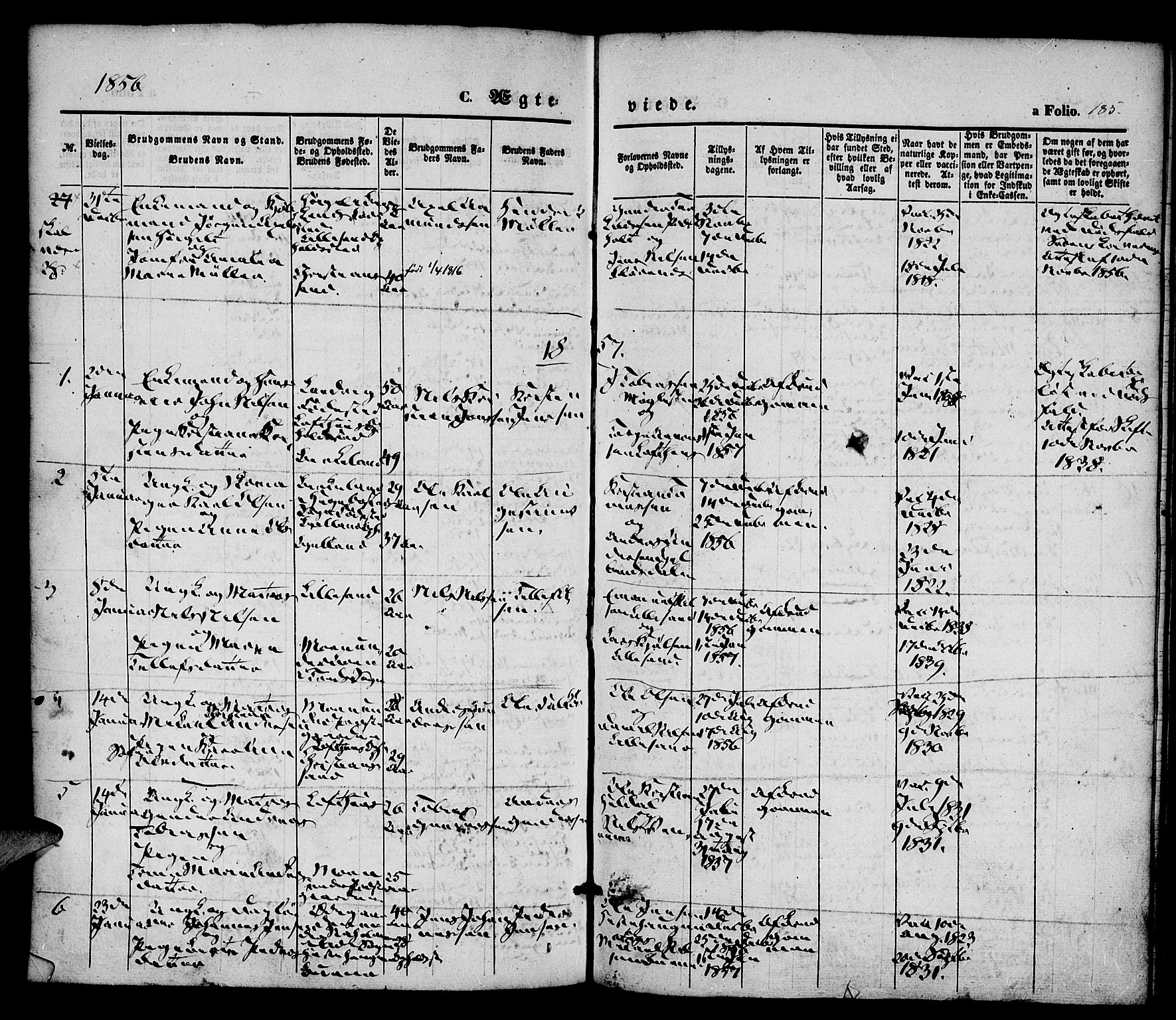 Vestre Moland sokneprestkontor, SAK/1111-0046/F/Fa/Fab/L0006: Parish register (official) no. A 6, 1850-1858, p. 185