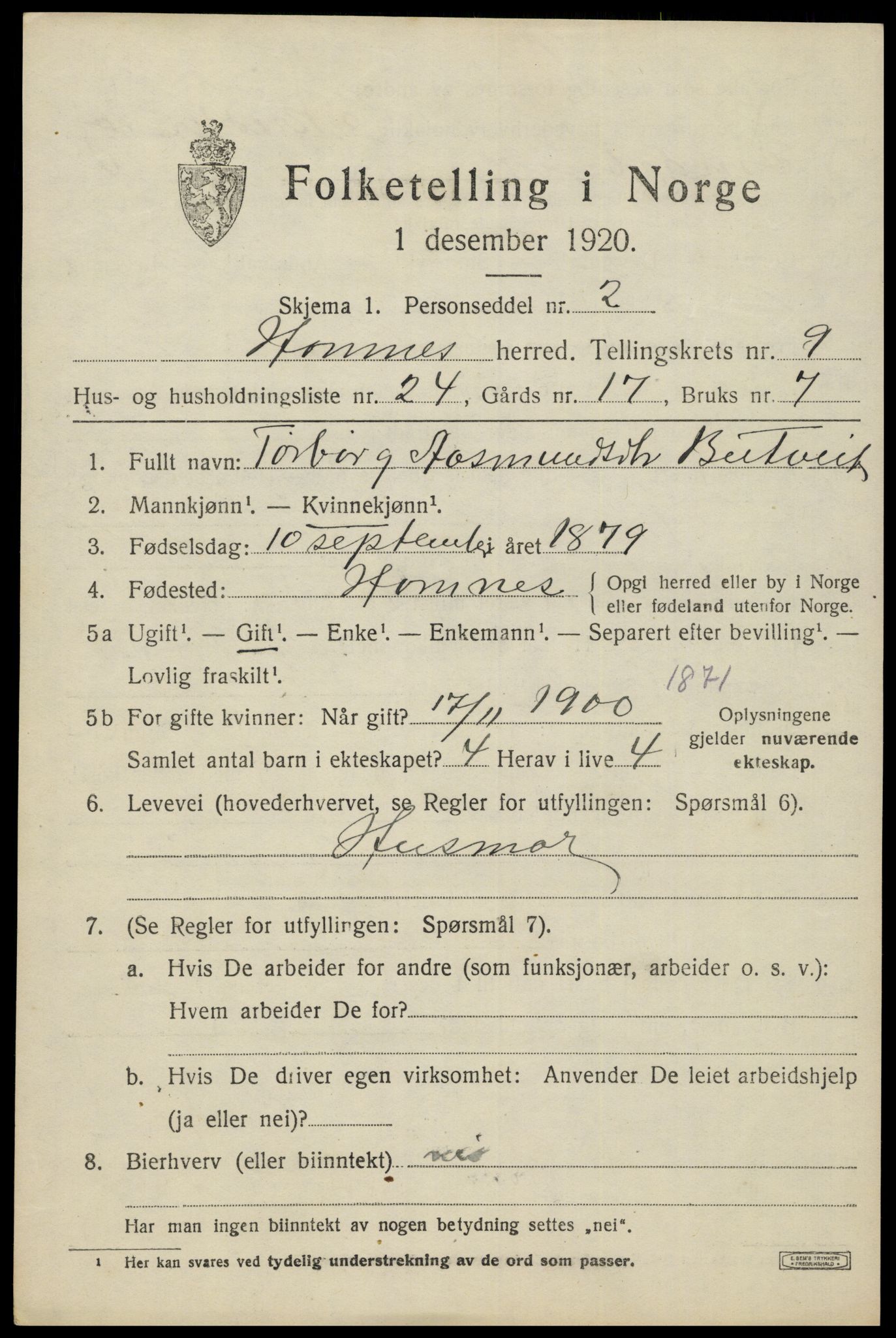 SAK, 1920 census for Hornnes, 1920, p. 2487