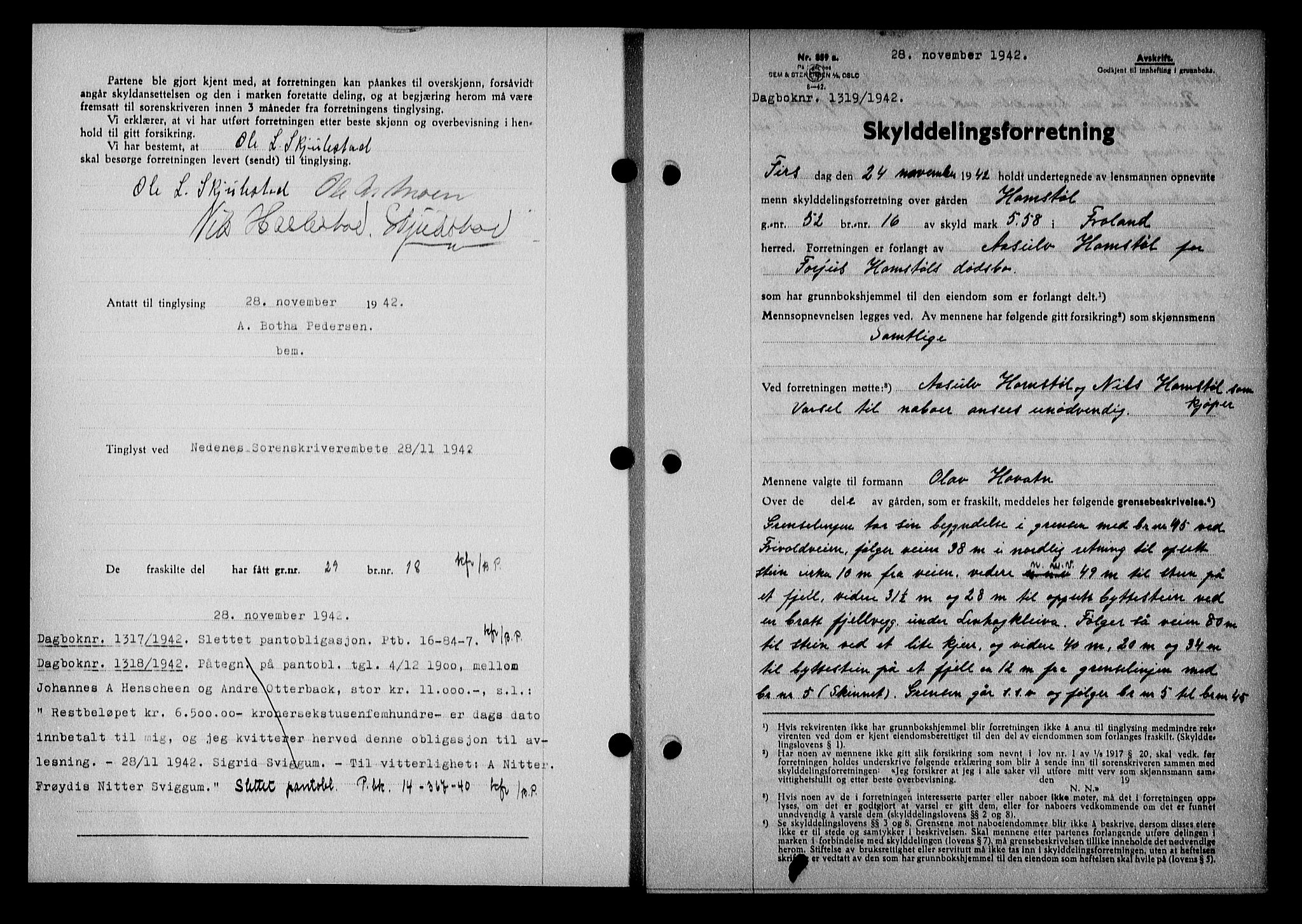 Nedenes sorenskriveri, AV/SAK-1221-0006/G/Gb/Gba/L0050: Mortgage book no. A-IV, 1942-1943, Diary no: : 1319/1942