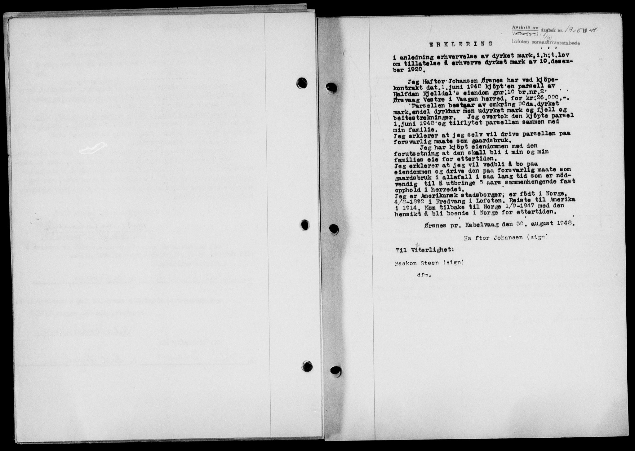 Lofoten sorenskriveri, SAT/A-0017/1/2/2C/L0019a: Mortgage book no. 19a, 1948-1948, Diary no: : 1906/1948