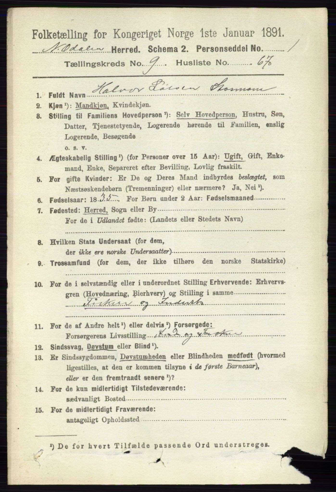 RA, 1891 census for 0418 Nord-Odal, 1891, p. 4433