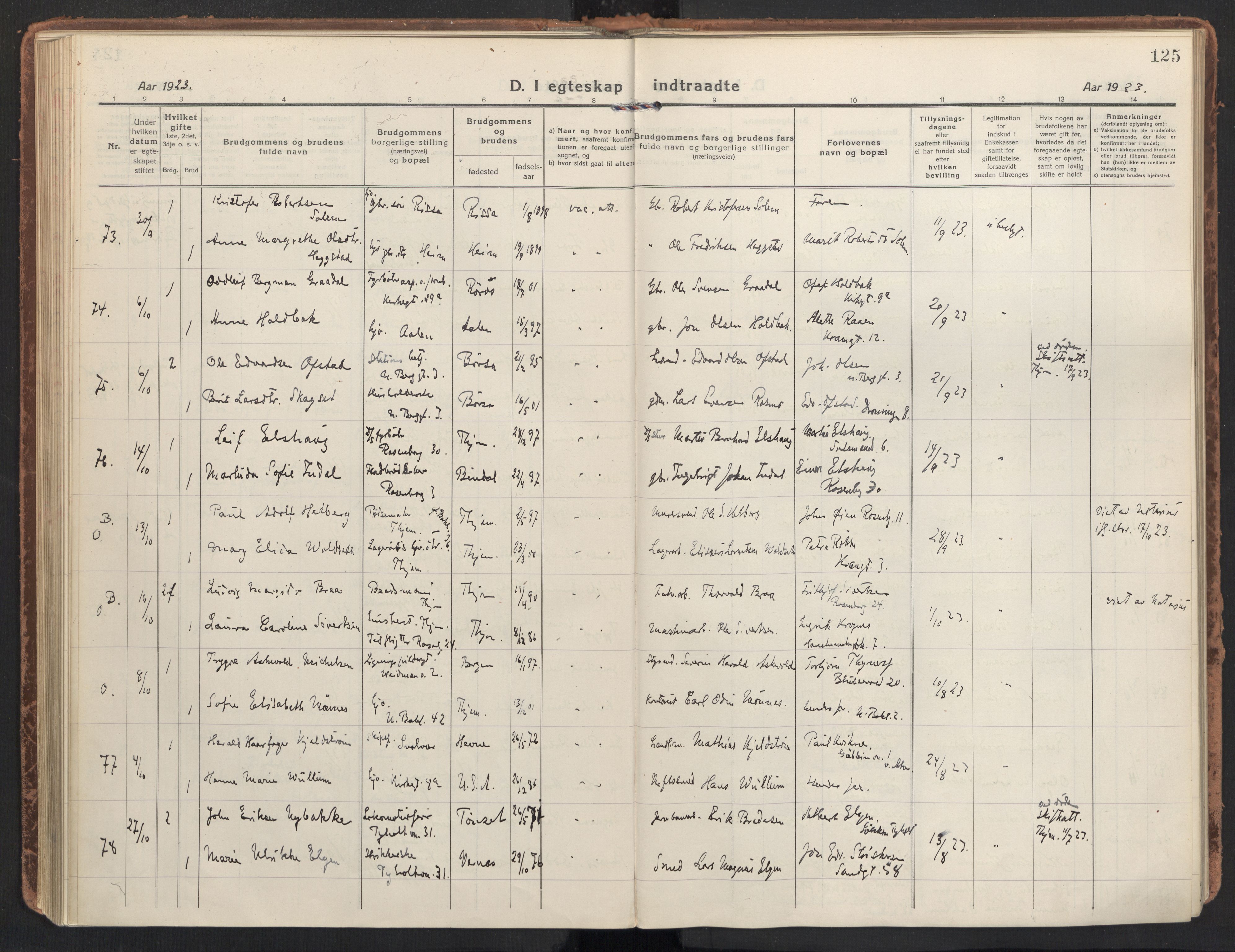 Ministerialprotokoller, klokkerbøker og fødselsregistre - Sør-Trøndelag, AV/SAT-A-1456/604/L0206: Parish register (official) no. 604A26, 1917-1931, p. 125