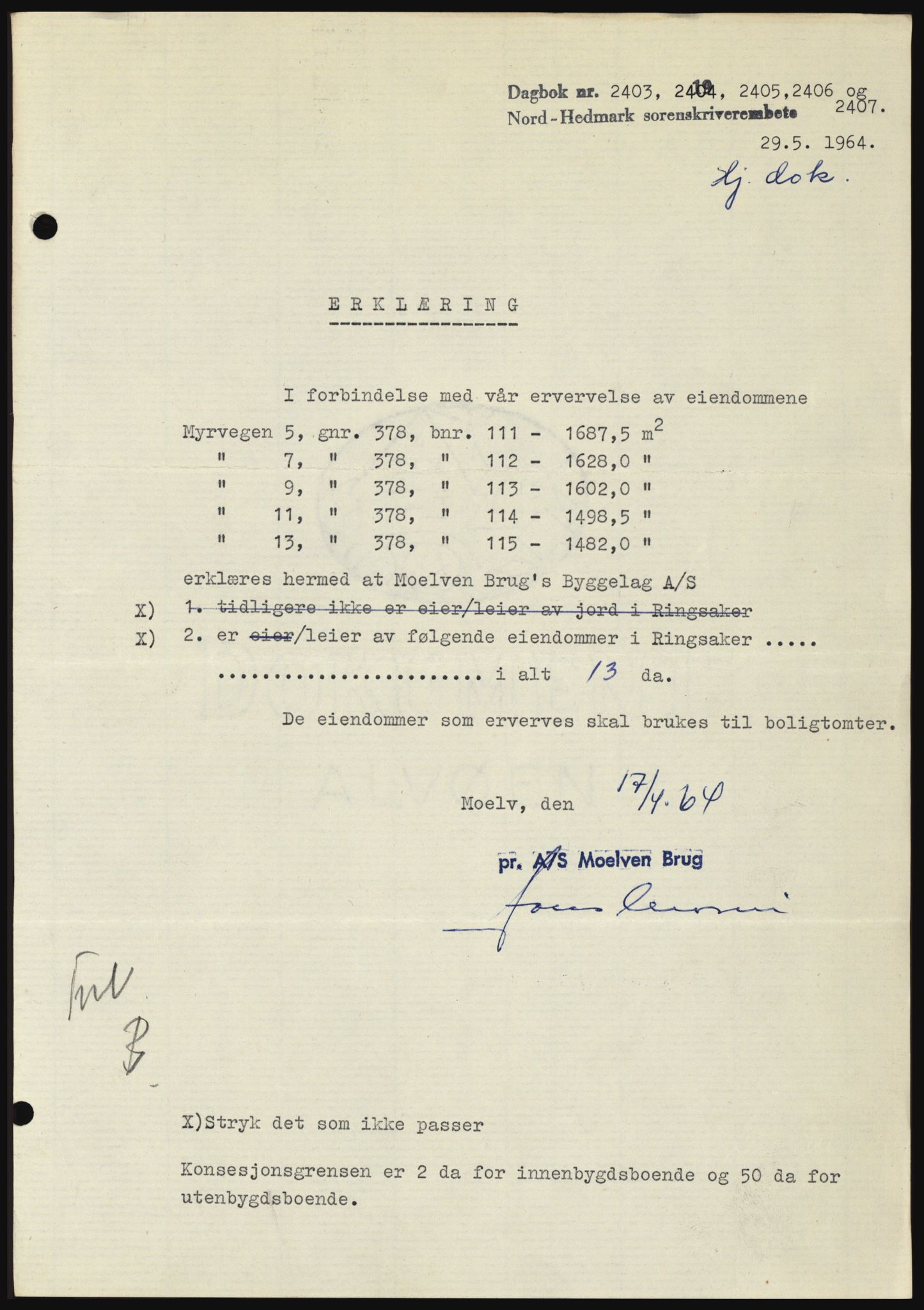 Nord-Hedmark sorenskriveri, SAH/TING-012/H/Hc/L0019: Mortgage book no. 19, 1963-1964, Diary no: : 2403/1964