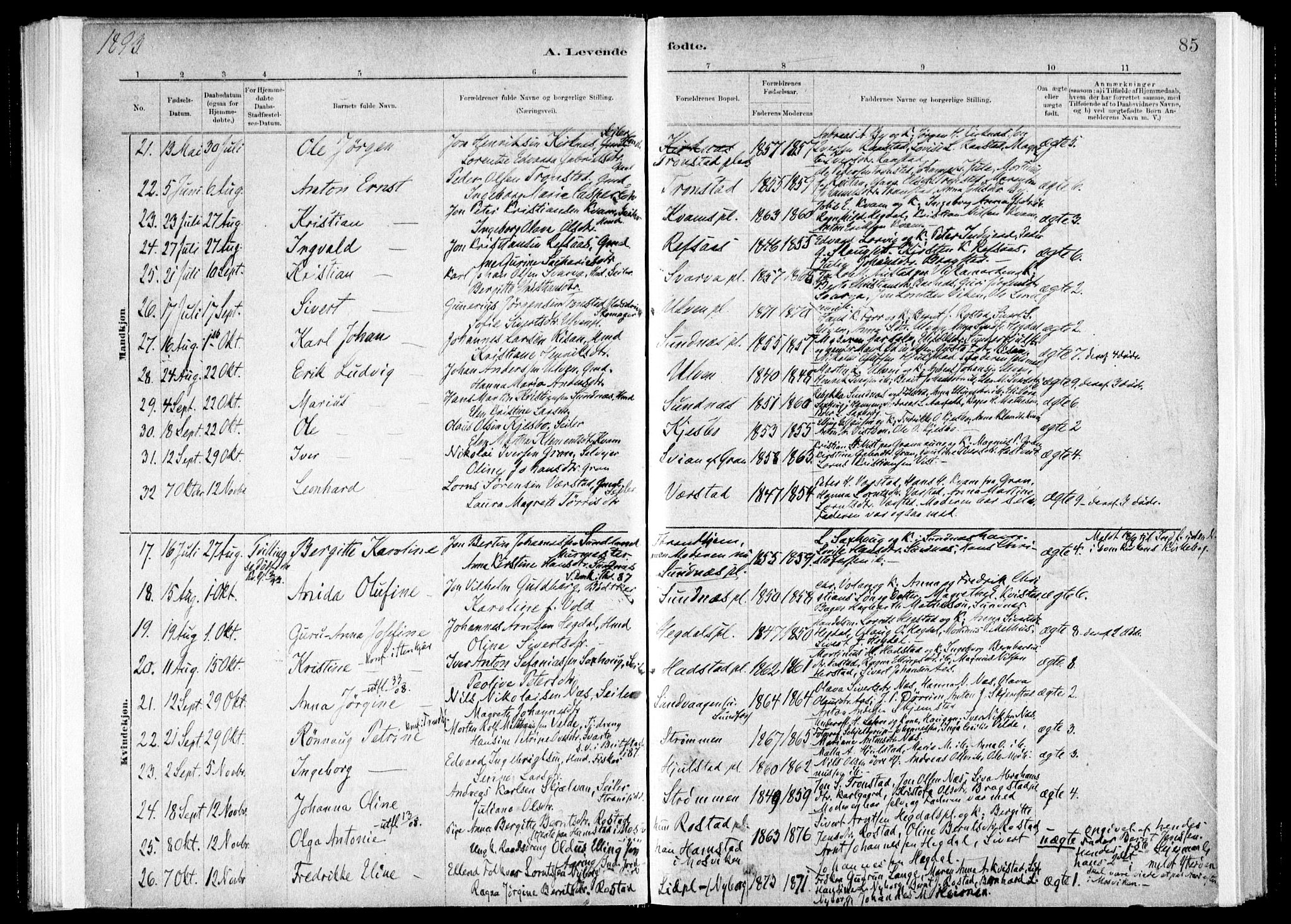 Ministerialprotokoller, klokkerbøker og fødselsregistre - Nord-Trøndelag, SAT/A-1458/730/L0285: Parish register (official) no. 730A10, 1879-1914, p. 85