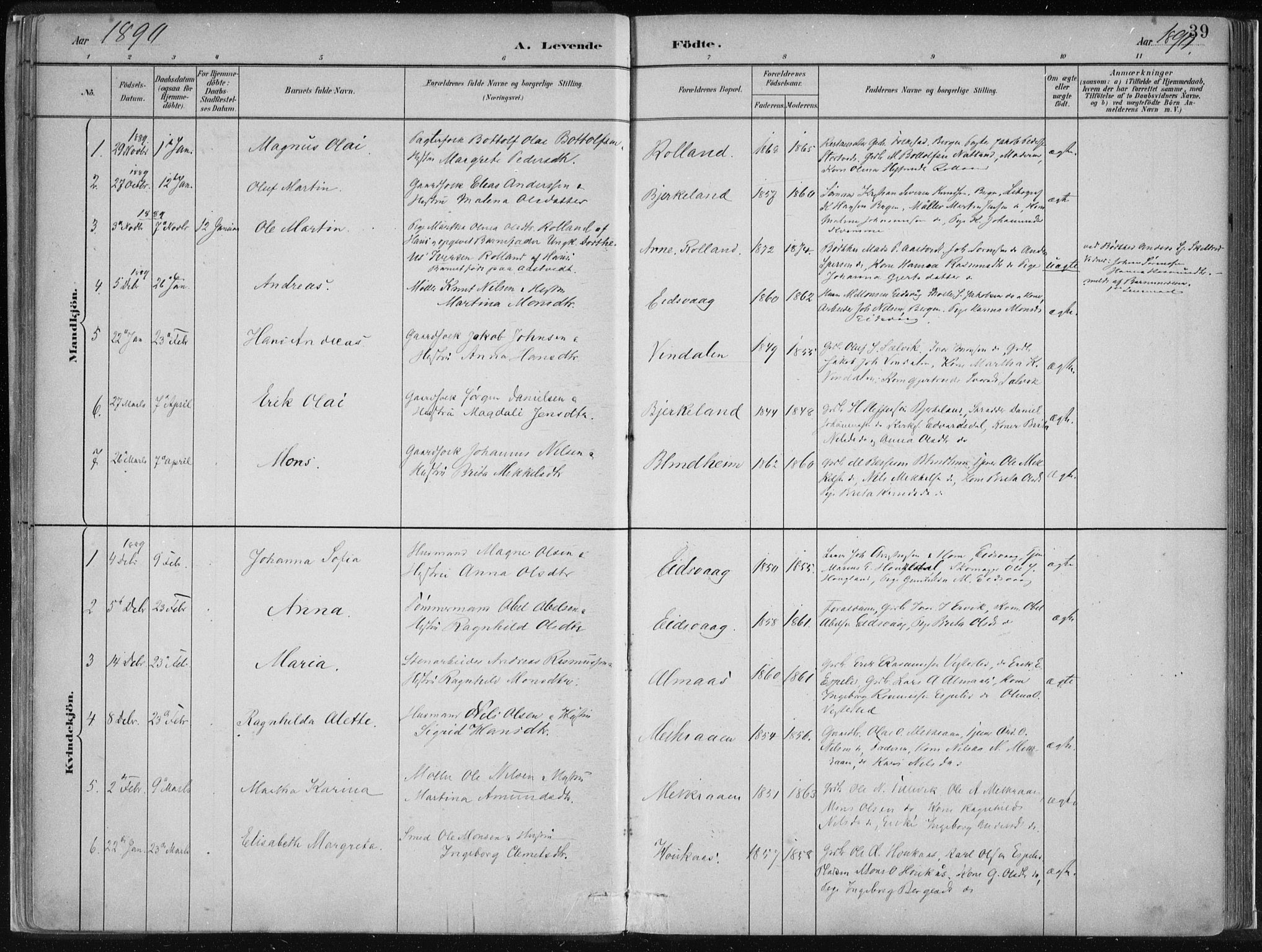 Hamre sokneprestembete, SAB/A-75501/H/Ha/Haa/Haad/L0001: Parish register (official) no. D  1, 1882-1906, p. 39