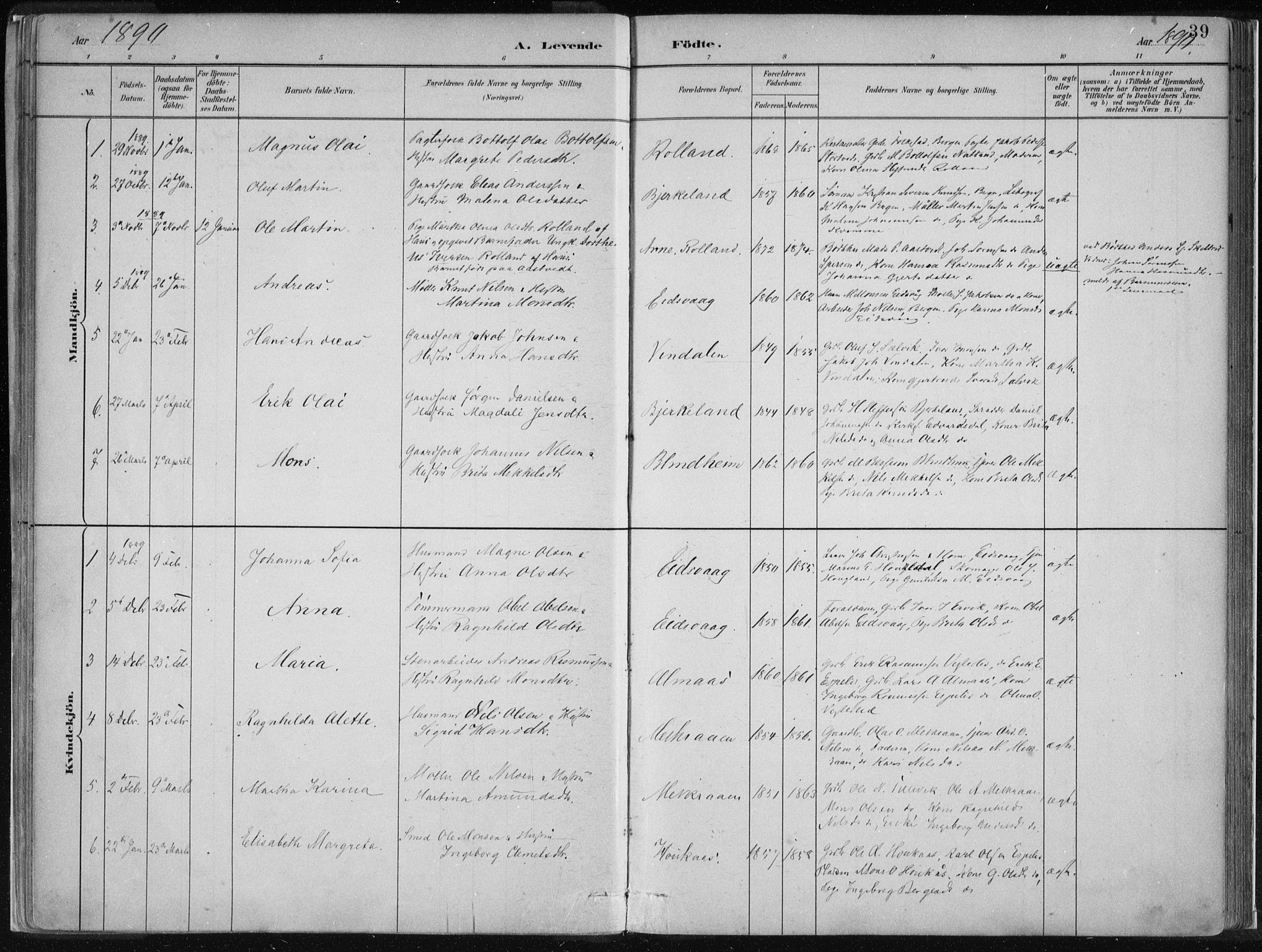 Hamre sokneprestembete, AV/SAB-A-75501/H/Ha/Haa/Haad/L0001: Parish register (official) no. D  1, 1882-1906, p. 39