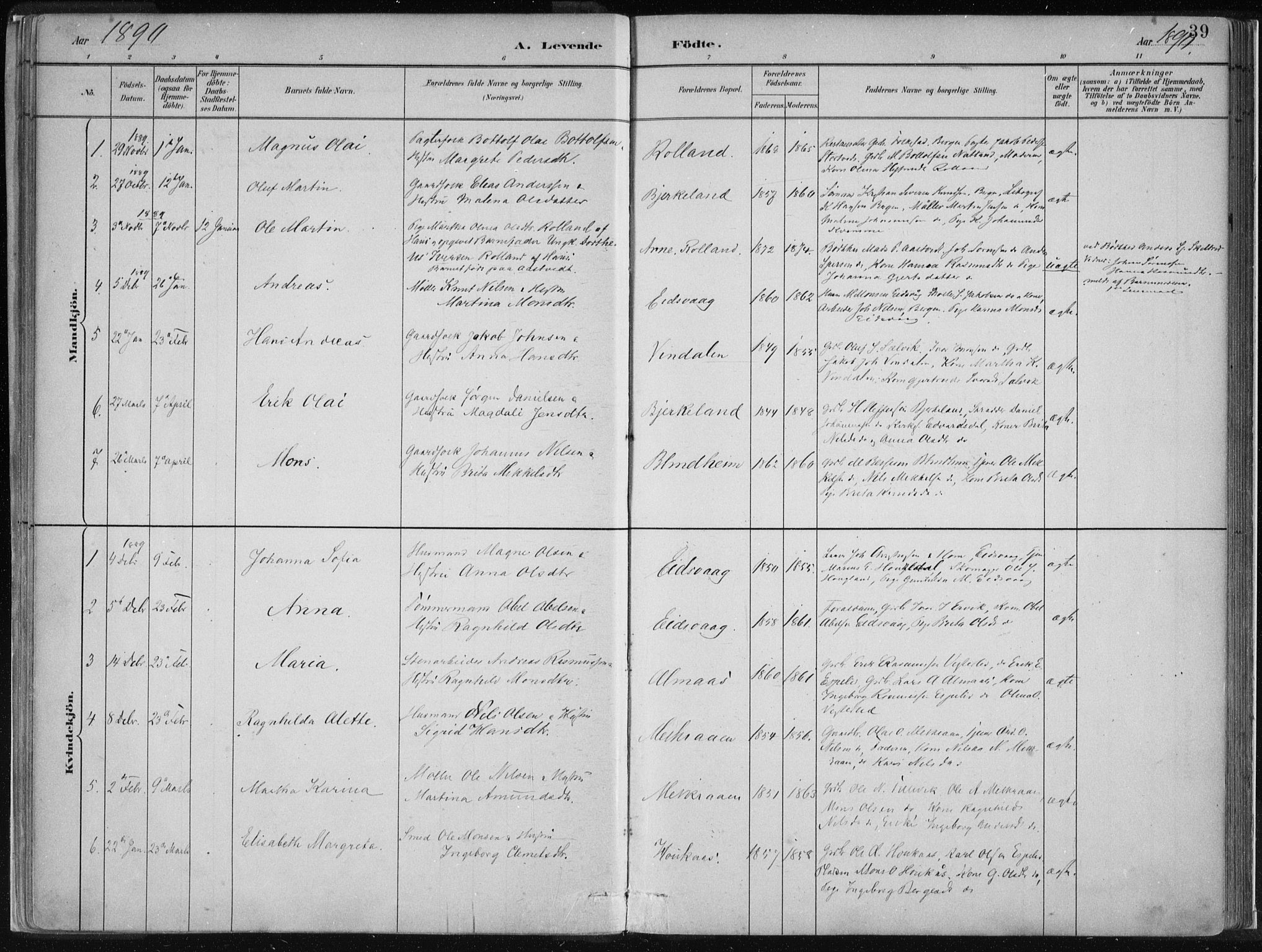 Hamre sokneprestembete, AV/SAB-A-75501/H/Ha/Haa/Haad/L0001: Parish register (official) no. D  1, 1882-1906, p. 39