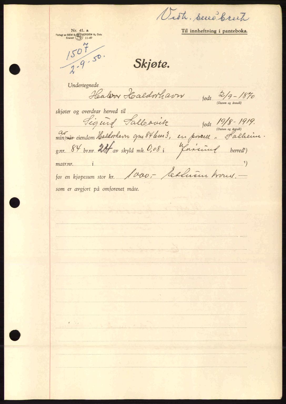 Fosen sorenskriveri, AV/SAT-A-1107/1/2/2C: Mortgage book no. A12, 1950-1950, Diary no: : 1507/1950