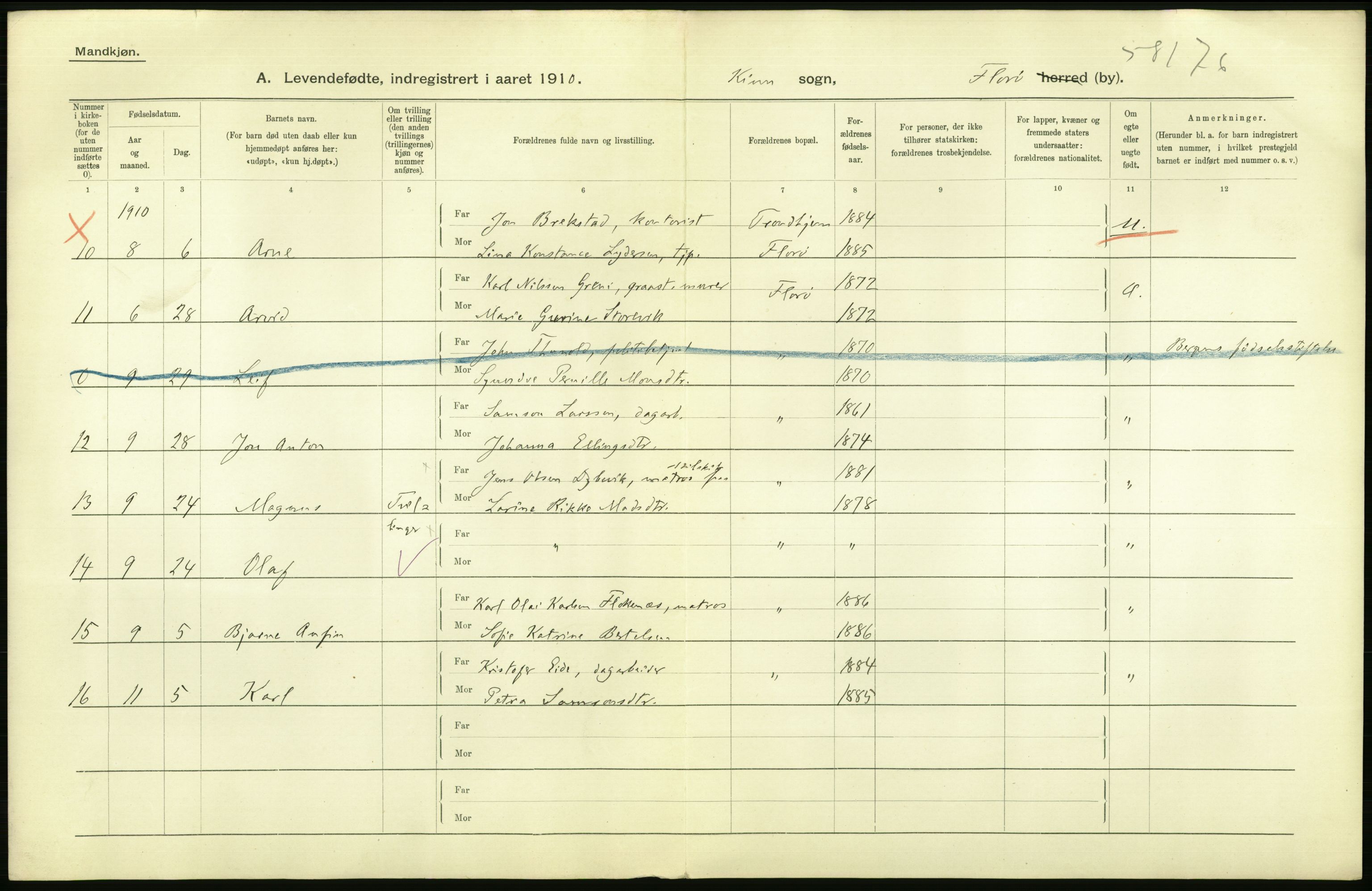 Statistisk sentralbyrå, Sosiodemografiske emner, Befolkning, AV/RA-S-2228/D/Df/Dfa/Dfah/L0031: Florø by: Levendefødte menn og kvinner, gifte., 1910, p. 14